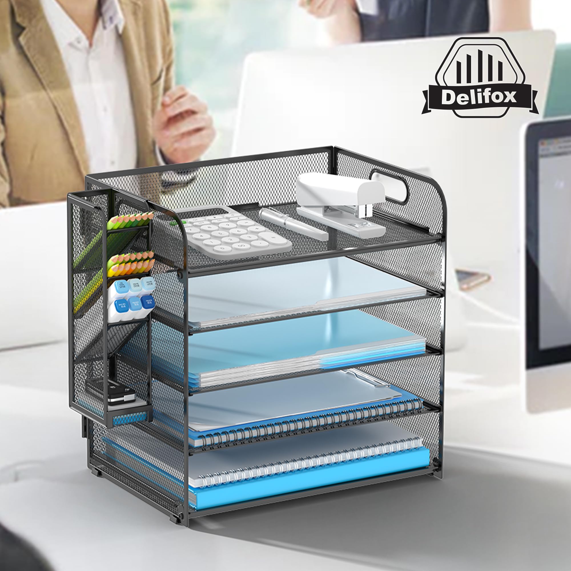 5 Tier Desk Organizer with Handle & Removable Pen Holders - Black Office Supplies for Home & Office Organization, Perfect for Desk Accessories, School Supplies, and Workspace Storage
