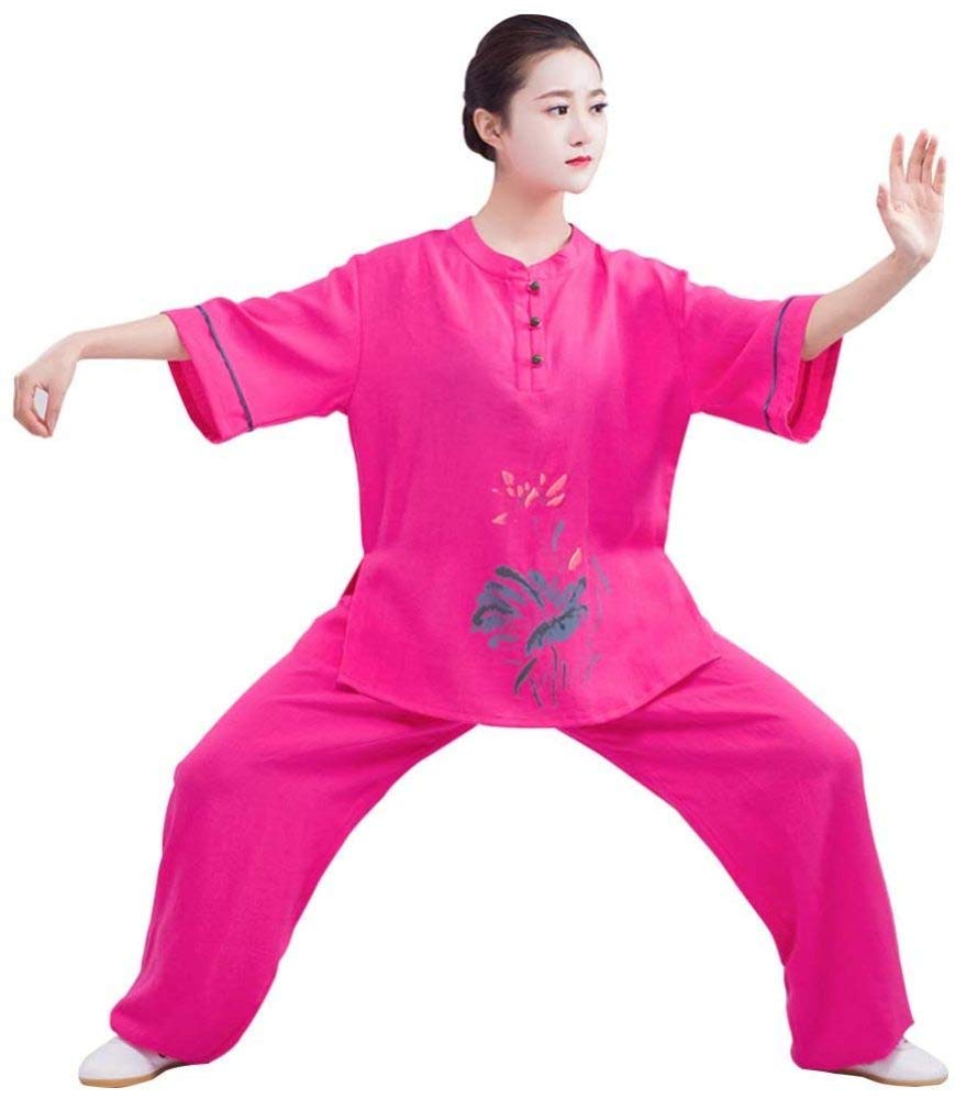 FMOGG Women's Cotton Linen Tai Chi Suit - Breathable Summer Kung Fu Workout Clothes for Yoga, Martial Arts & Meditation (Pink, XS) - Perfect for Tai Chi Practice, Zen Meditation & Relaxation Exercises