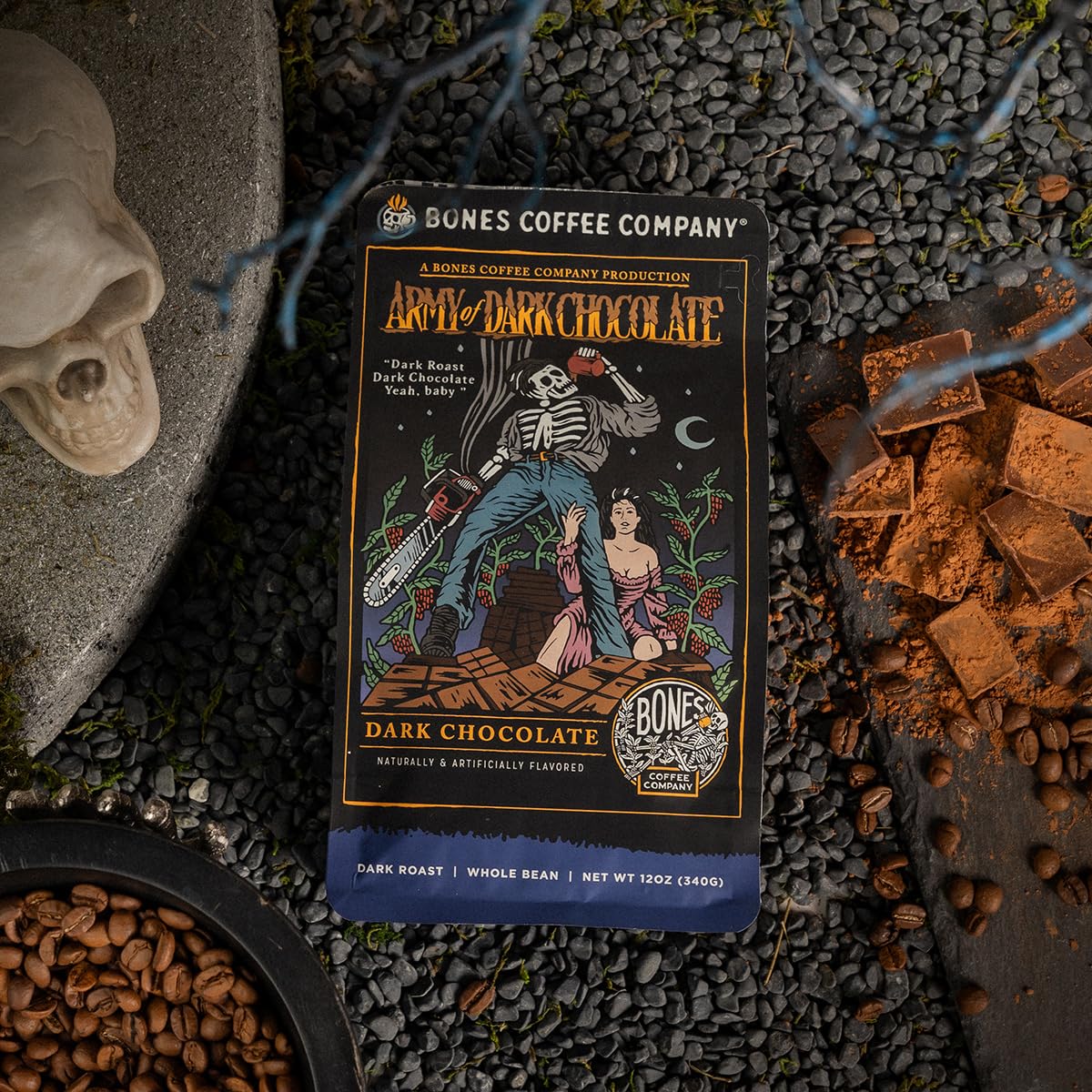 Bones Coffee Company Dark Chocolate Flavored Coffee Beans - Low Acid Dark Roast Ground Coffee (12 oz) | Perfect for Morning Brews, Office Use & Chocolate Lovers