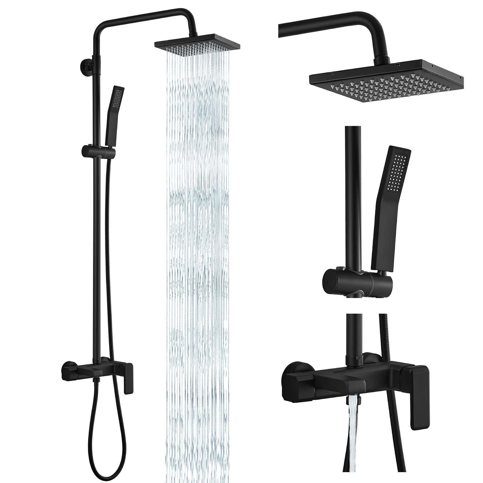 Matte Black Exposed Shower System Set - 8 Inch Rain Shower Head, Single Handle Triple Function Faucet with Tub Spout - Complete Bathroom Fixture Combo for Modern Home Renovation (Perfect for Master Bath, Guest Bath & Spa-Like Shower Experience)