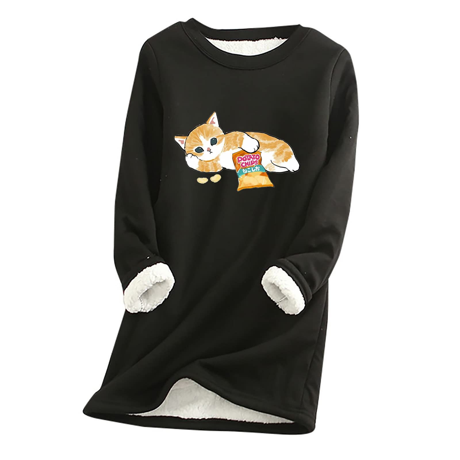 Women's Fleece Sleepwear Dress - Vintage Cute Cat Print O-Neck Long Sleeve Nightgown, Loose Fit Fall Winter Nightdress Pullover for Cozy Home & Sleepwear