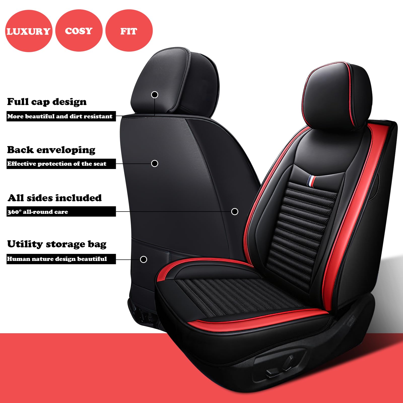 Premium Leather Car Seat Covers for Land Rover Discovery Sport 2015-2025 - Universal Anti-Slip Design Fits Most Cars, Sedans, SUVs & Trucks (Black/Red) - Perfect for Road Trips, Daily Commutes & Off-Road Adventures