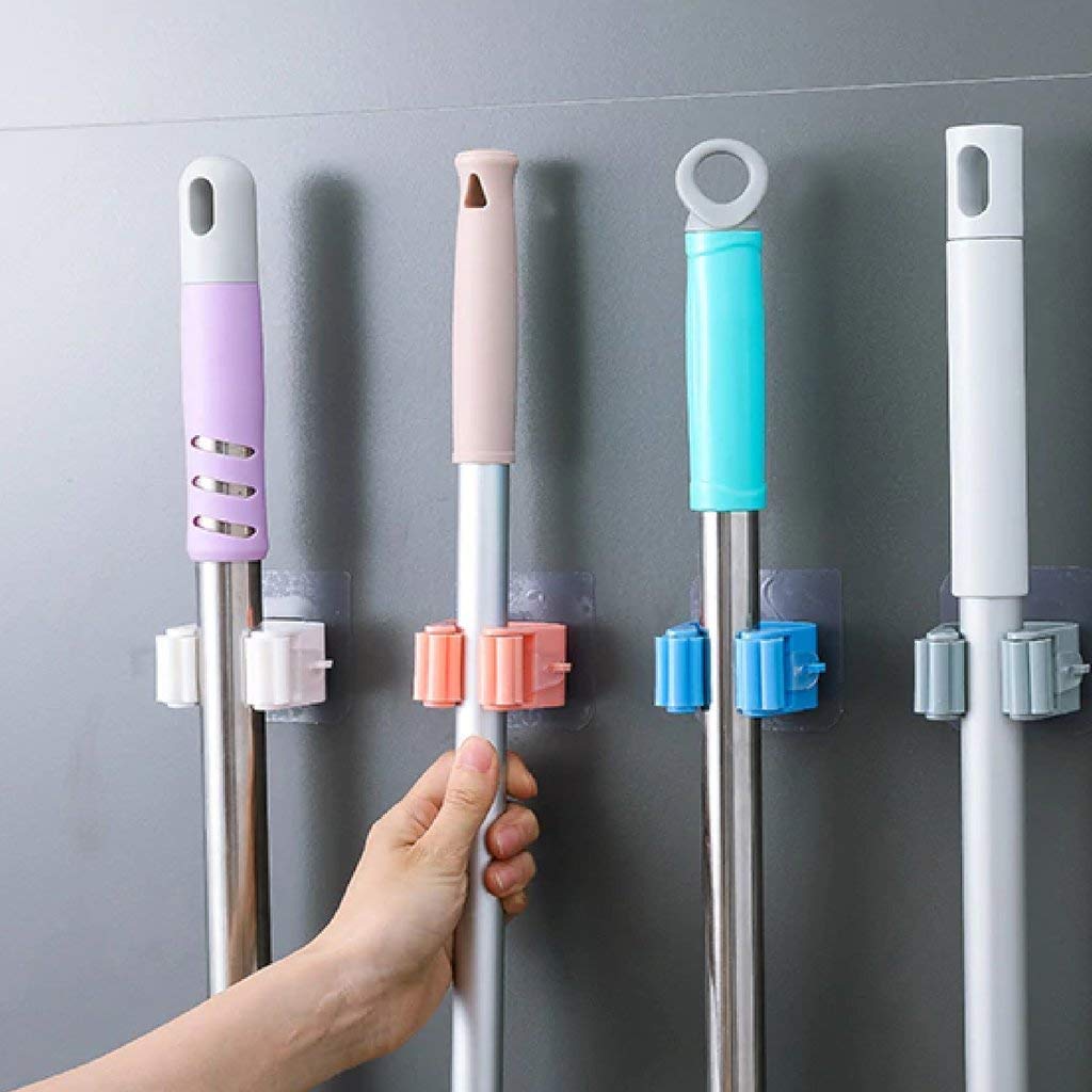 KANAJI HUB Plastic Mop Holder and Broom Holder - Wall Mounted Self Adhesive Organizer with Anti-Slip Design - Multi-Functional Storage Stand for Kitchen, Bathroom, Garage, and Home - Space Saving Solution for Cleaning Tools (4-Pack, Multicolor) - Perfect for Organizing Brooms, Mops, and Cleaning Supplies in Small Spaces