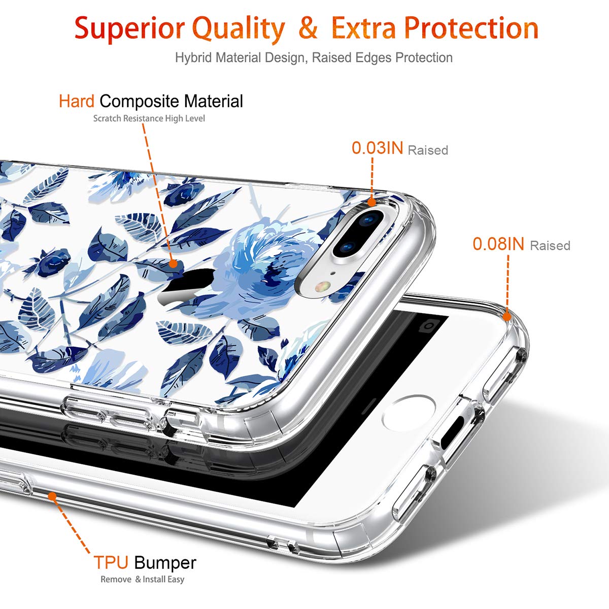 GiiKa Heavy Duty Clear Floral Phone Case for iPhone 8 Plus/7 Plus with Screen Protector | Shockproof TPU Bumper Cover | Stylish Blue Flower Design for Women & Girls | Perfect for Everyday Protection & Fashion Accessory