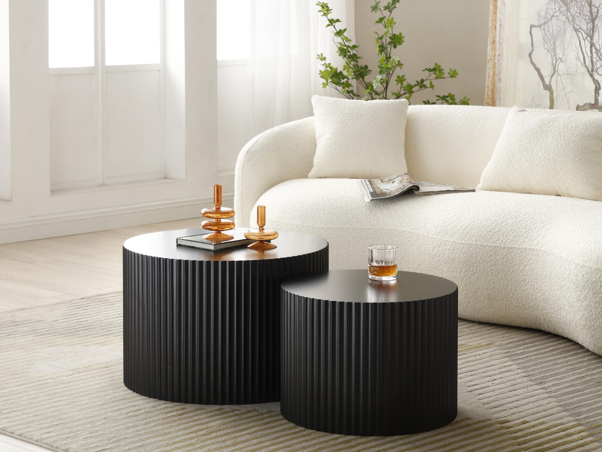 HMFULE 2-Piece Round Nesting Coffee Table Set - Modern Drum Cocktail & End Table for Living Room - Matte Black - Perfect for Small Spaces, Lounge & Home Decor