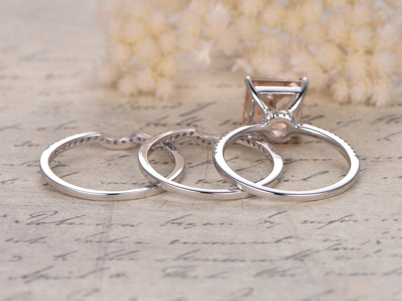 8mm Princess Cut Morganite Ring Set with Diamond Band - 14K White Gold for Weddings & Engagements