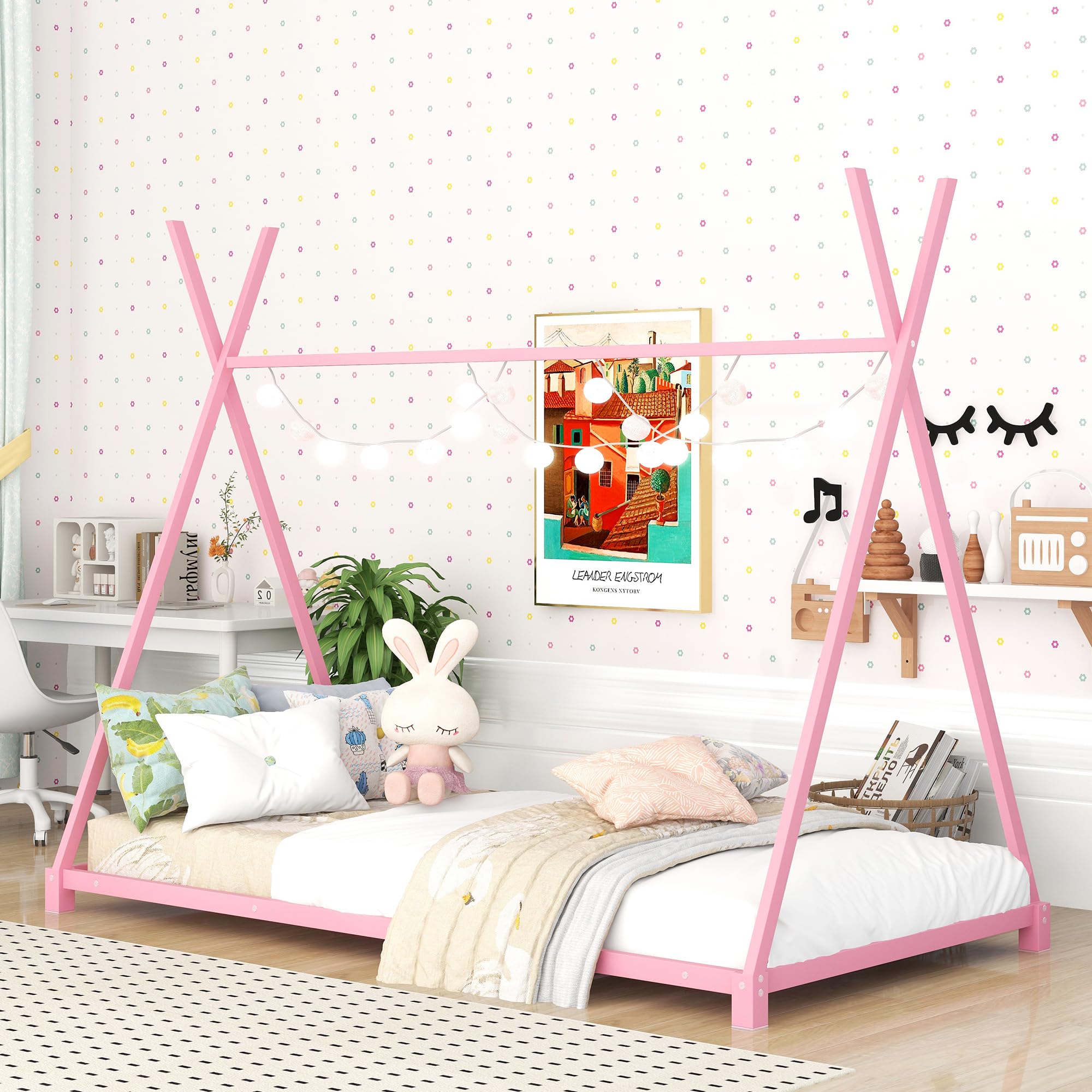 Montessori Twin Floor Bed Frame with Slats & Triangle Structure - Sturdy House Bed for Kids, Boys & Girls - Pink Wooden Toddler Bed for Playroom, Nursery or Kids Bedroom