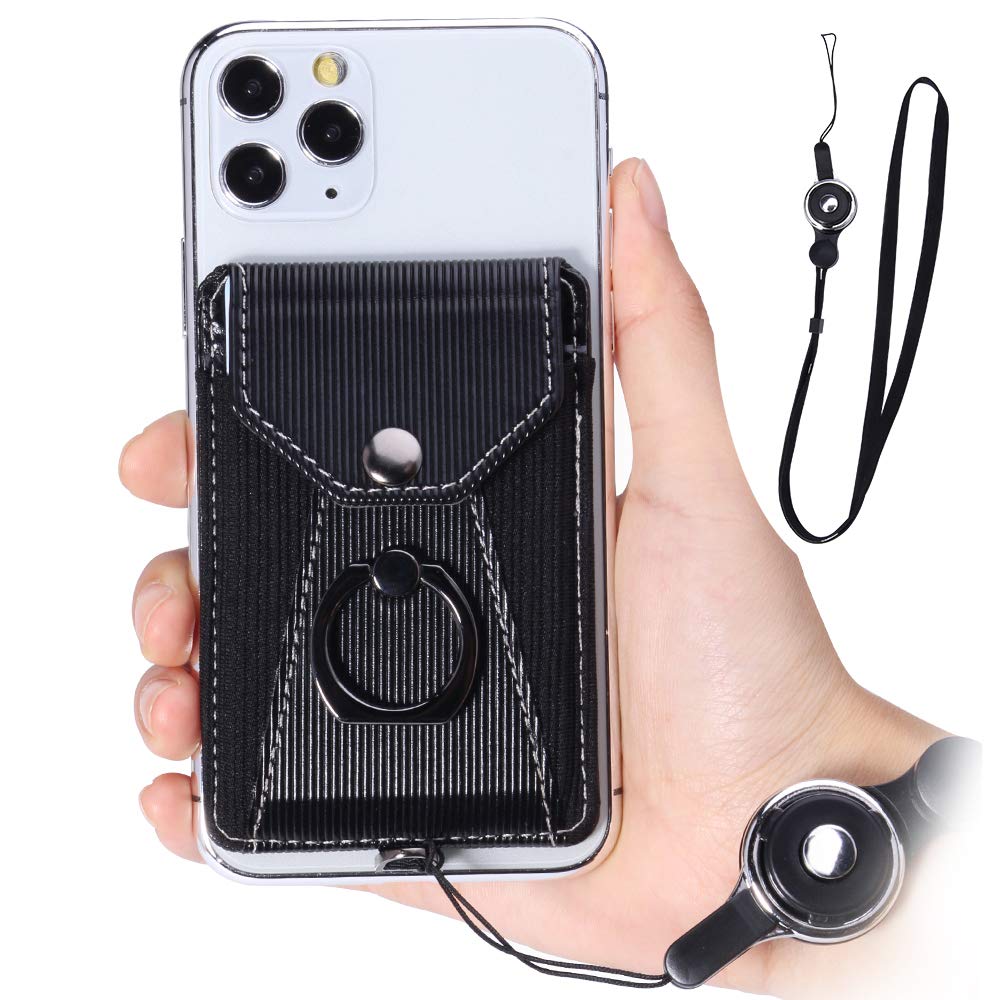 Black Adhesive Stick-on Phone Card Holder with Ring Grip Stand & Detachable Neck Strap - Wallet Pocket for Credit Cards - Perfect for Travel, Shopping & Hands-Free Convenience