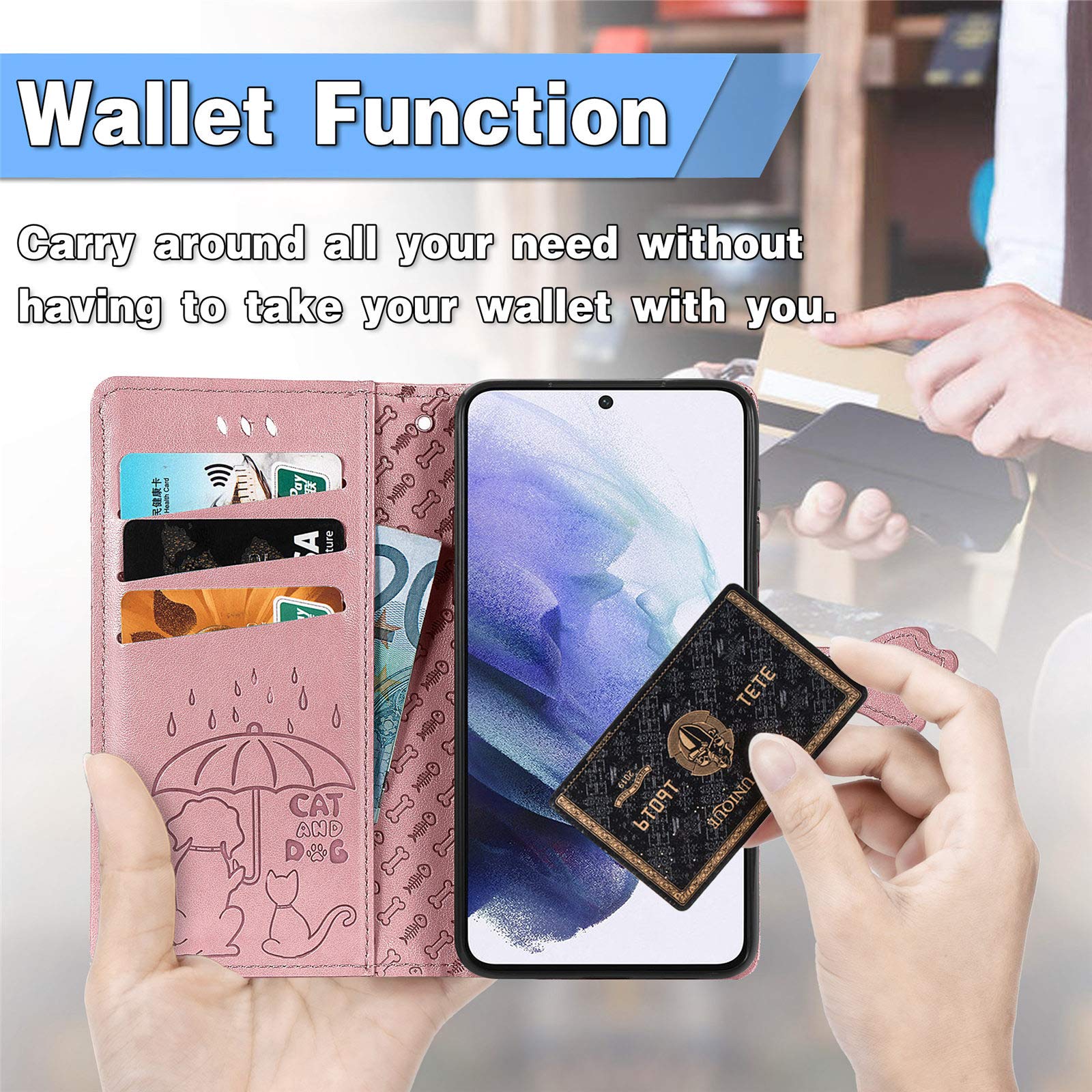 Cute Cartoon Wallet Case for Samsung Galaxy S22 - Cat & Dog Style Flip Cover with ID Card Holder, PU Leather Phone Case (Rose Gold) - Perfect for Daily Use, Travel & Work