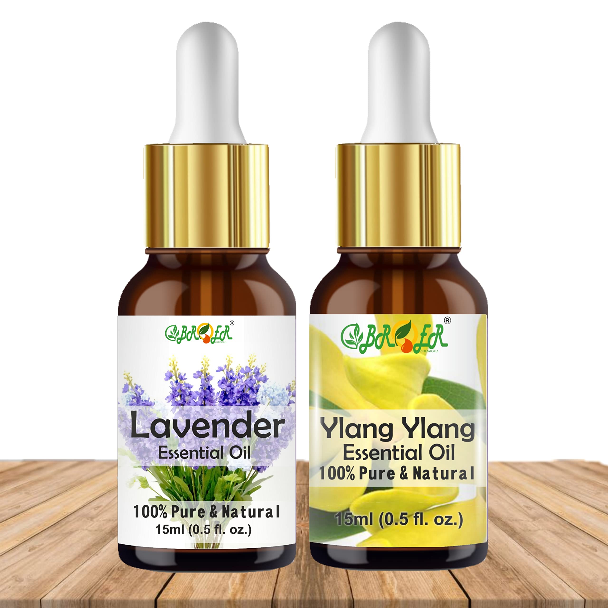 BROER 100% Pure Lavender & Ylang Ylang Essential Oil Set - 15ml Each, Undiluted Natural Aromatherapy Oils for Skin Care, Hair Growth & Relaxation - Perfect for Diffusers, Massage & DIY Beauty Products (2 Pack, 30ml Total)