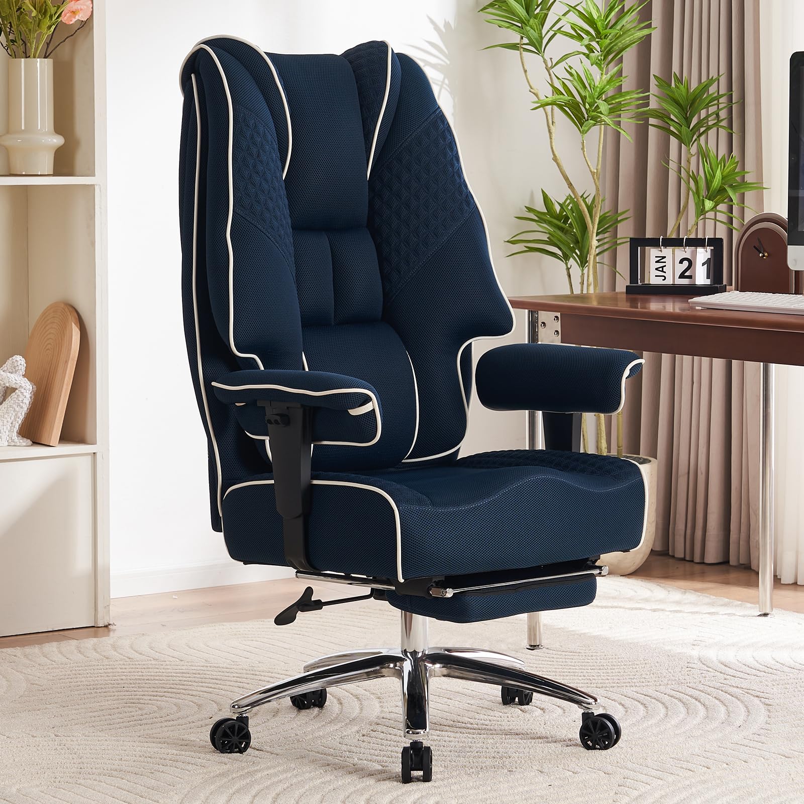 Heavy Duty Big and Tall Office Chair 400lbs Capacity - Wide Seat Ergonomic Executive Chair with Adjustable Lumbar Support & Footrest - Breathable Mesh High Back for Back Pain Relief (Dark Blue) - Perfect for Home Office, Gaming, and Long Work Sessions