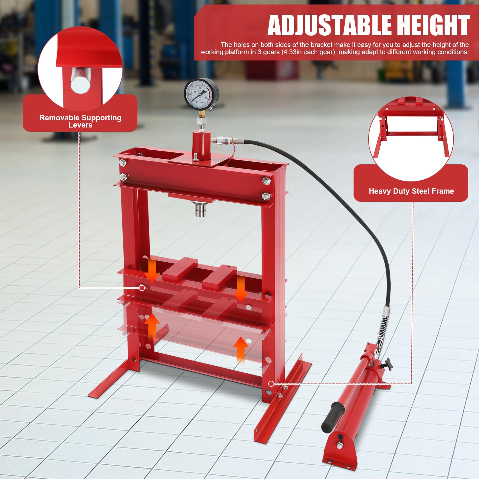10 Ton Heavy Duty Hydraulic Shop Press with Pressure Gauge - H-Frame Adjustable Benchtop Floor Press for Auto Repair, Metalworking & Mechanical Workshops - Ideal for Bearing Removal, Straightening Metal, and Automotive Repairs