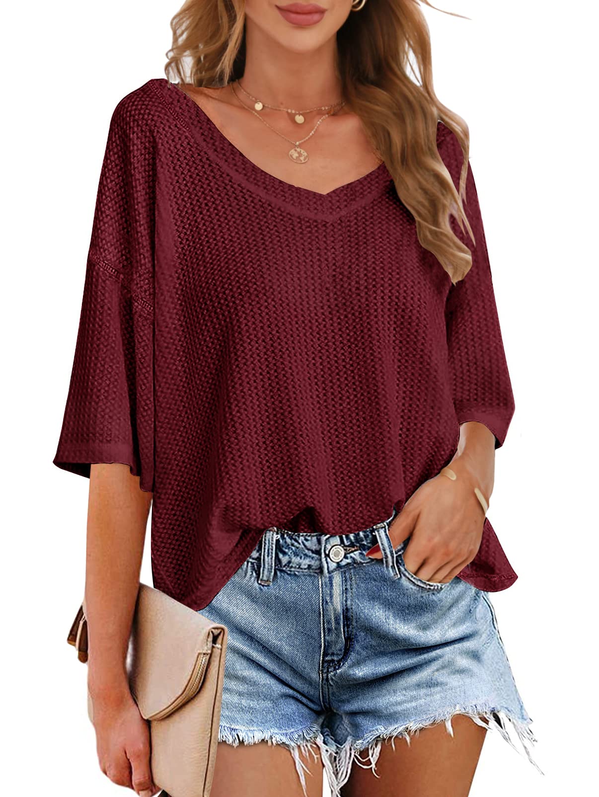 MEROKEETY Women's V Neck Batwing Half Sleeve Blouse - Soft Waffle Knit Loose Fit Tops for Casual Wear, Work & Date Night | Solid Color Tunic Shirt for Women