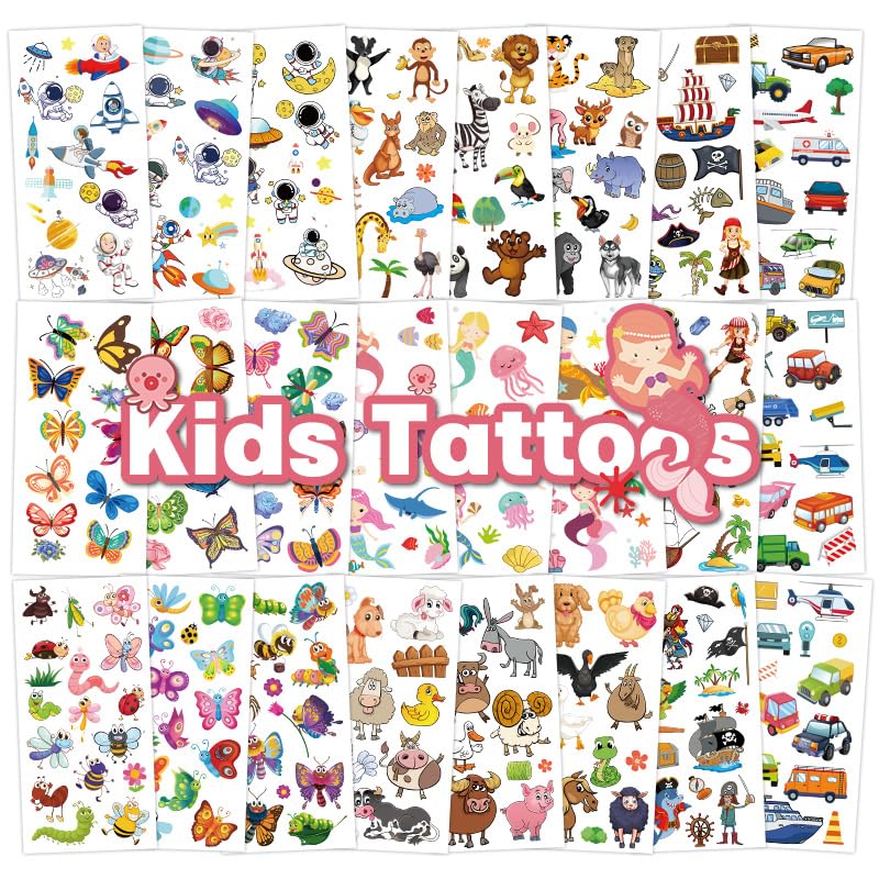330+ Mixed Style Temporary Fake Tattoos for Kids - Butterfly, Dinosaur, Animal & Space Themed Waterproof Stickers (24 Sheets) - Perfect for Birthday Parties, Halloween Costumes & Summer Camp Activities