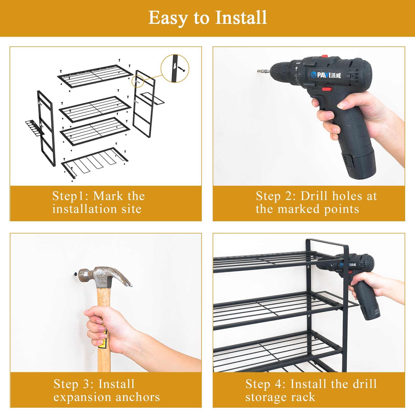 4-Layer Heavy Duty Wall Mounted Drill Holder & Power Tool Organizer - Black Metal Garage Storage Rack for Drills, Wrenches & Screwdrivers - Perfect for Workshop, Garage & DIY Projects (Great Gifts for Men)
