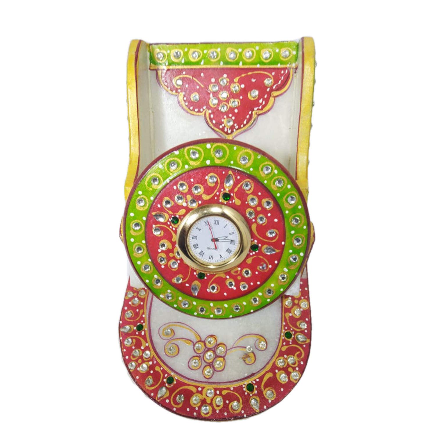 Handcrafted Marble Meenakari Desk Clock with Phone & Card Holder - Award-Winning Indian Artisan Work - Perfect for Office Decor, Home Décor & Gift Giving