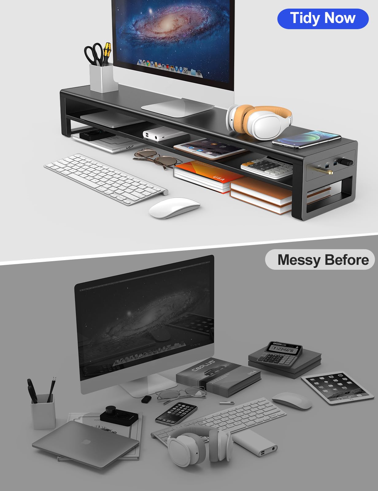 STARSIKI Monitor Stand with Multi-Port Charging Station | RGB LED Lights | Storage Drawers & Phone Holder | Fast USB-C & USB-A Charging | Ergonomic Desk Organizer for Home Office, Gaming & Work Setup