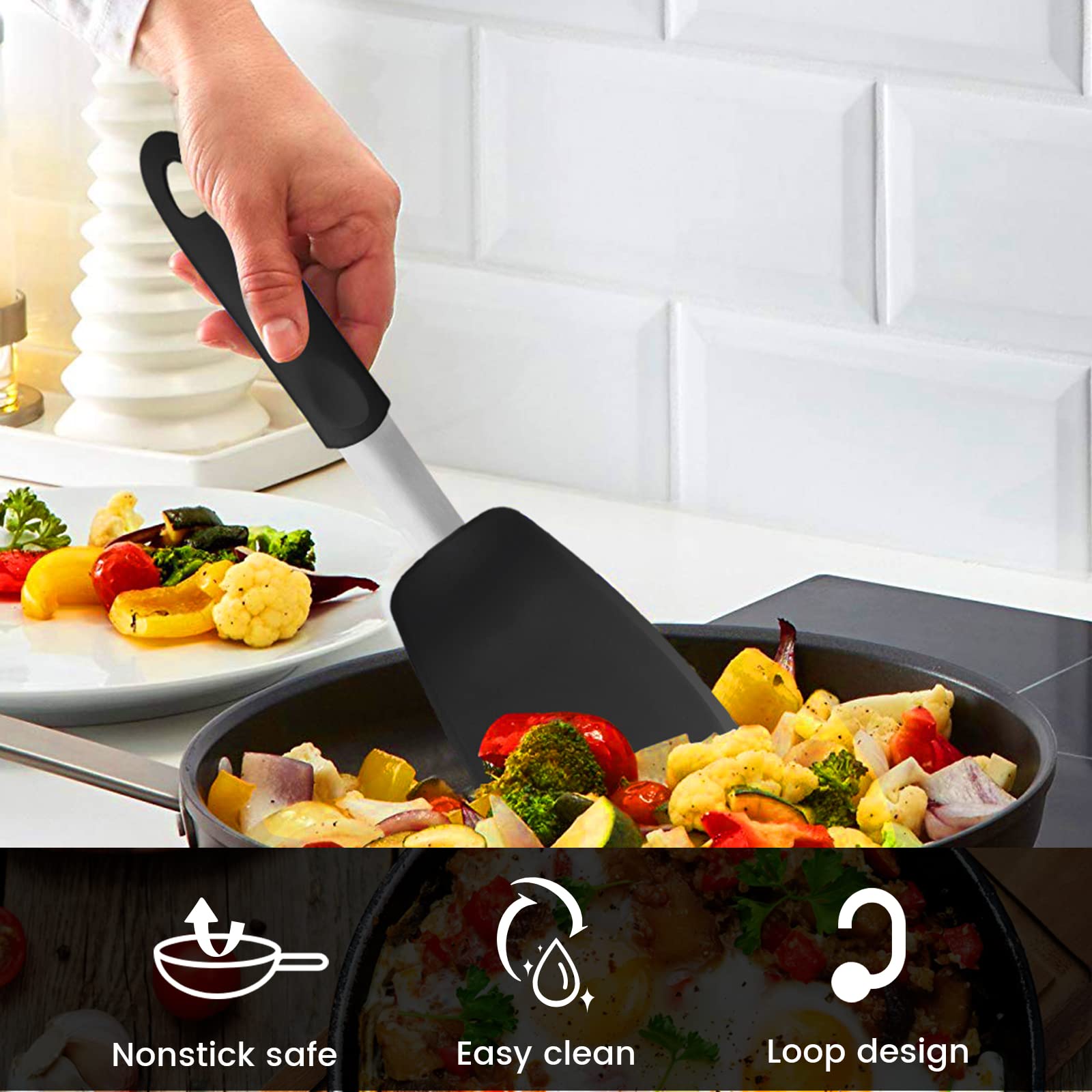 GEEKHOM 4-Piece Silicone Spatula Set - 600°F Heat Resistant, BPA-Free Kitchen Utensils for Nonstick Cookware, Flexible Turner for Pancakes, Eggs, Fish - Perfect for Flipping, Stirring & Serving (Black)