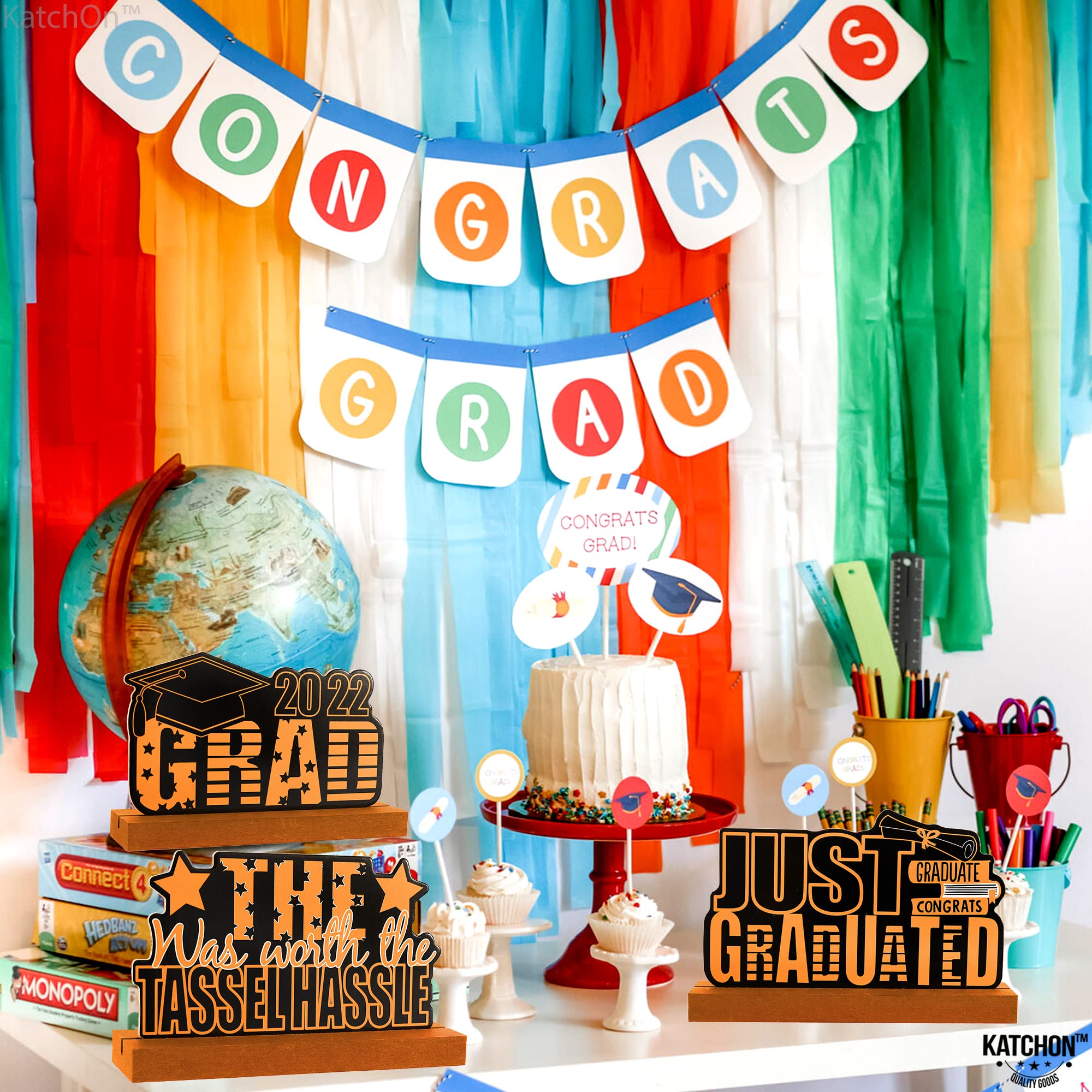 3-Piece Graduation Table Centerpieces Set 2022 - Wooden Graduation Decorations for Party, Black & Orange Graduation Theme Table Decor | Perfect for High School & College Graduation Ceremonies, Graduation Parties & Banquet Decorations