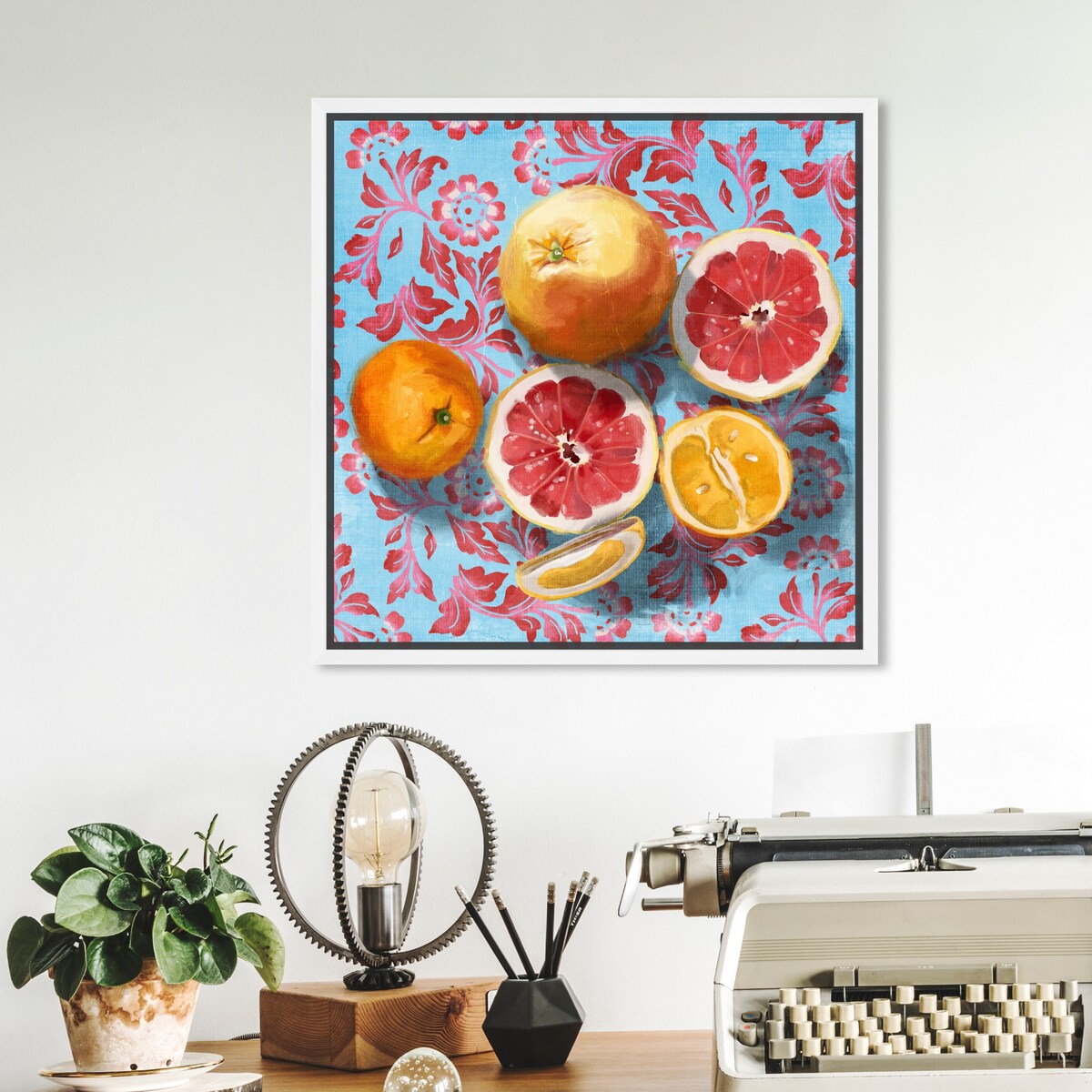 Tropical Citrus Still Life Blue Framed Canvas Wall Art Print - Sour Fruit Kitchen Decor for Cabin & Lodge - Perfect for Farmhouse, Dining Room & Country Style Homes