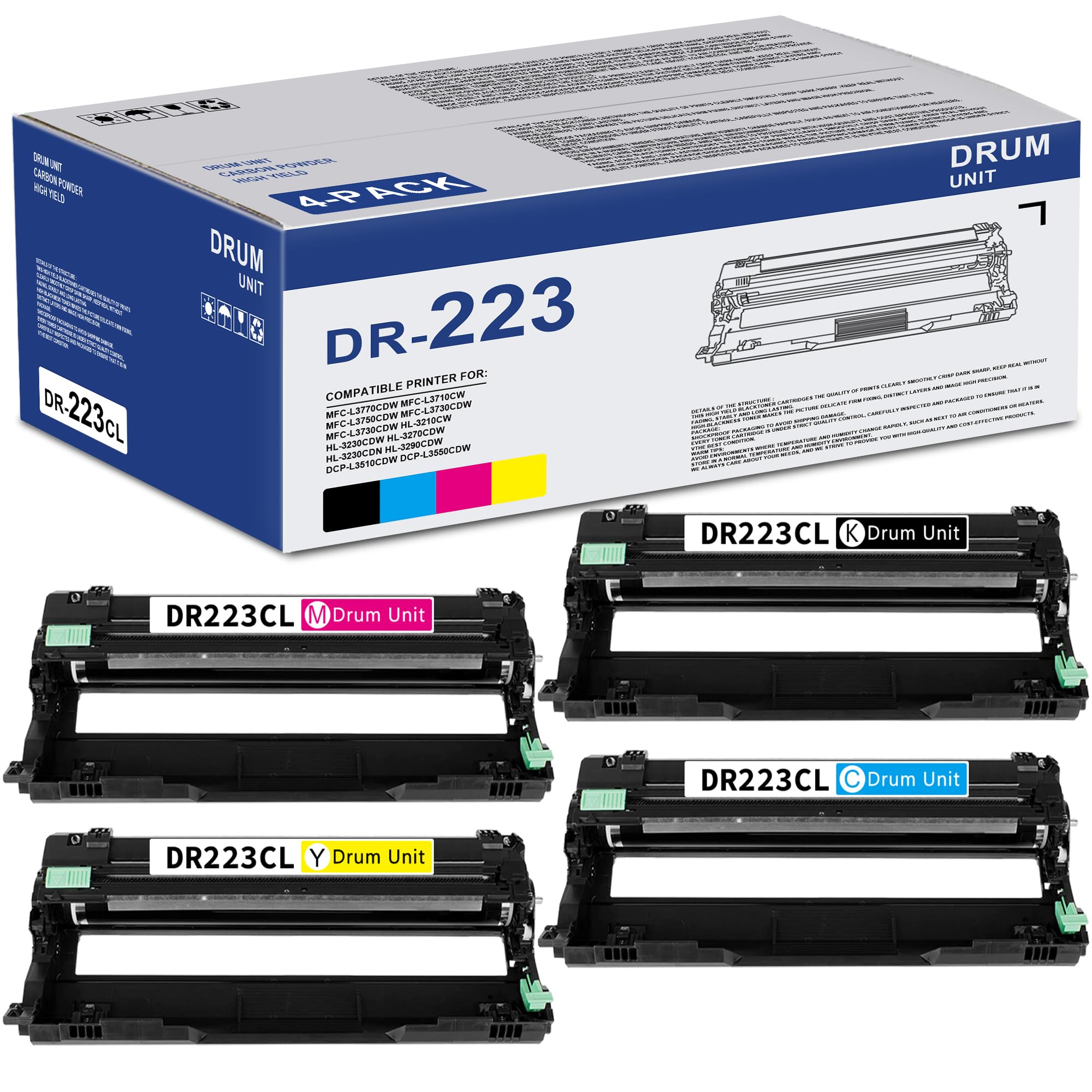 Brother DR-223CL Compatible Drum Unit Set 4-Pack (Black, Cyan, Magenta, Yellow) - Replacement for MFC-L3770CDW, MFC-L3710CW, HL-3210CW, HL-3230CDW, HL-3270CDW, HL-3290CDW Printers - High-Quality Imaging Supplies for Office & Home Printing (Toner Not Included)