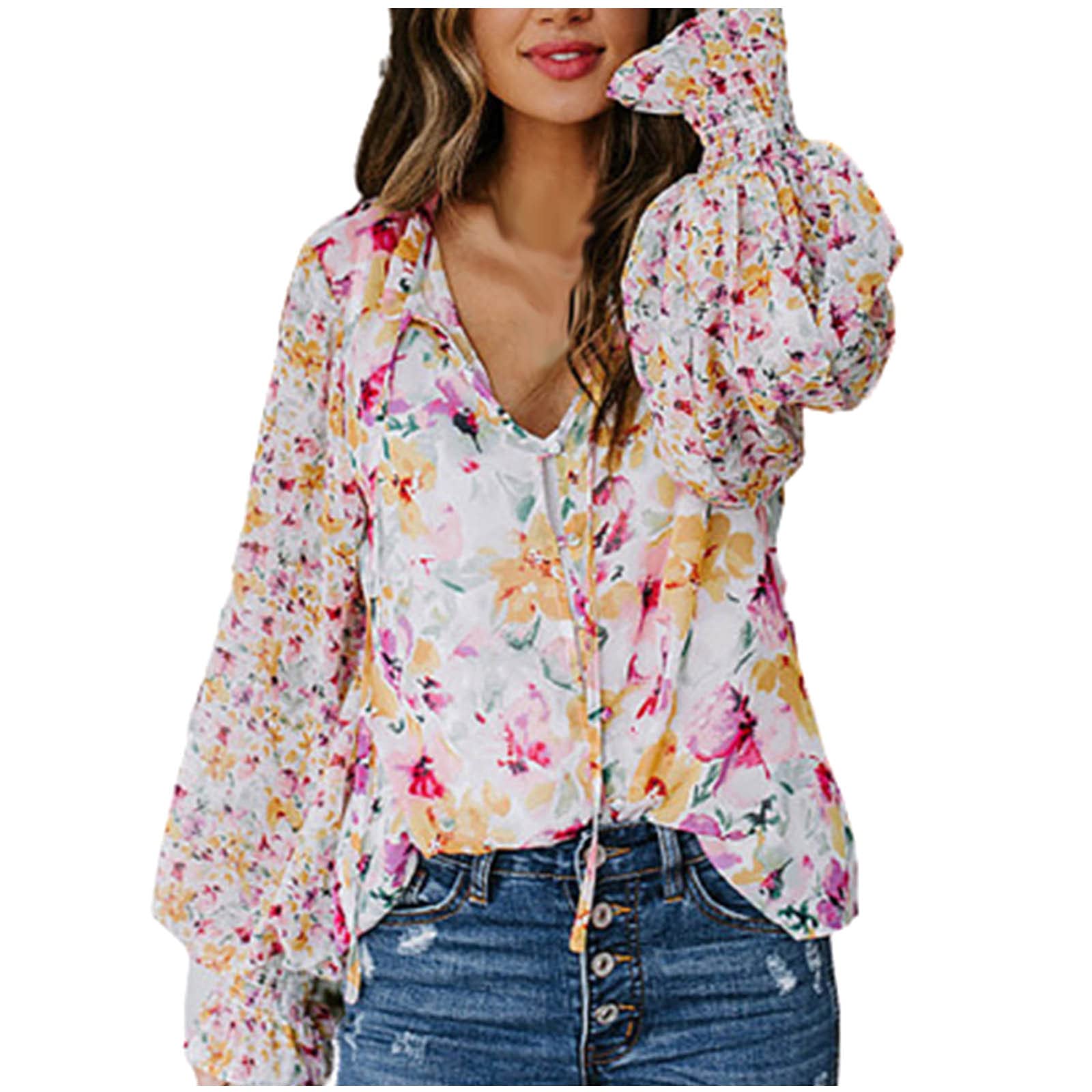 Maqroz Women's Chiffon Blouse - Elegant Boho Floral Print V-Neck Long Sleeve Tunic Top for Casual & Dressy Occasions | Lightweight Loose Fit Shirt for Work, Date Night & Spring Outfits