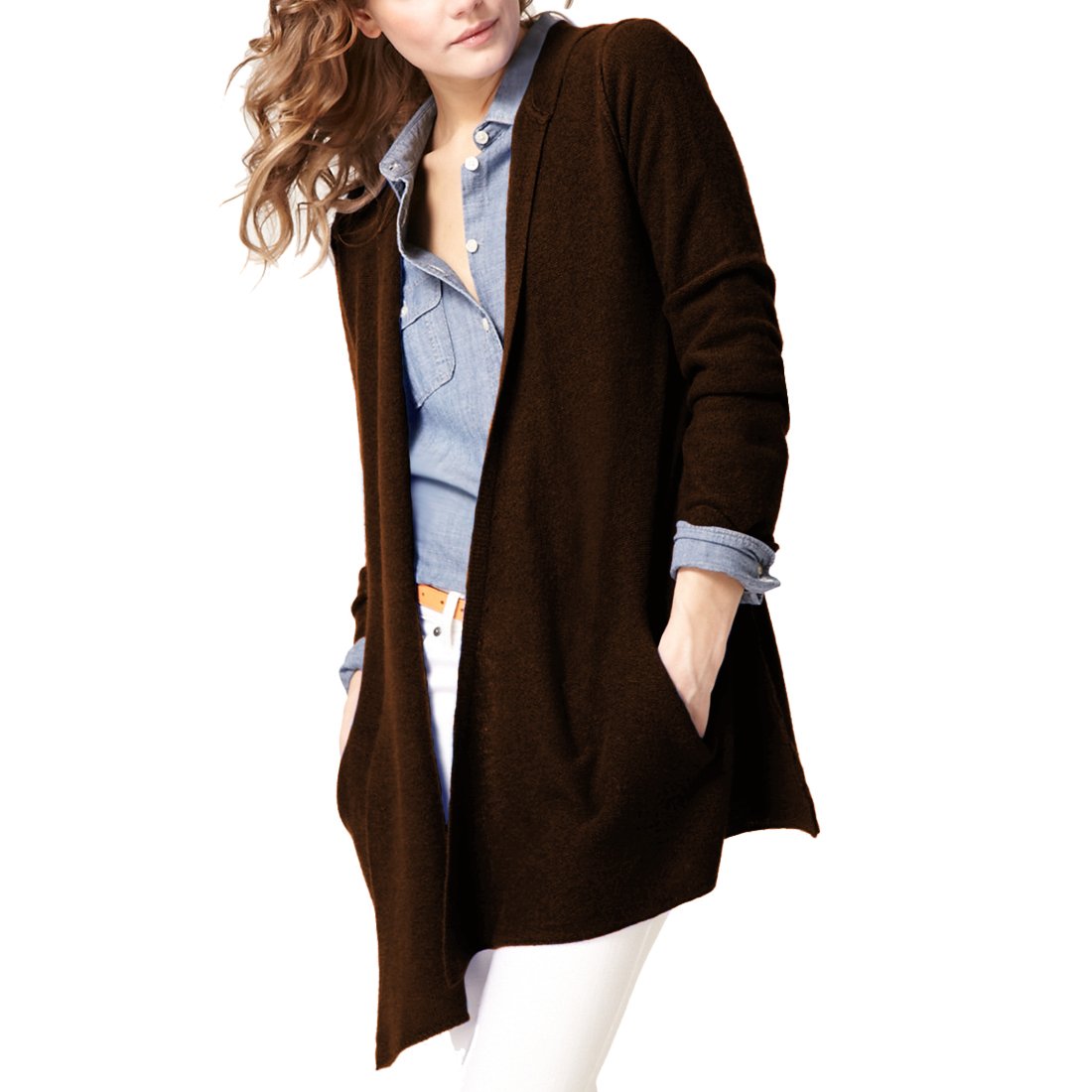 Parisbonbon Women's 100% Cashmere Hooded Cardigan Sweater - Soft & Warm Winter Pullover - Chocolate Brown - Size 2XS - Perfect for Casual Outfits, Office Wear & Cozy Home Relaxation
