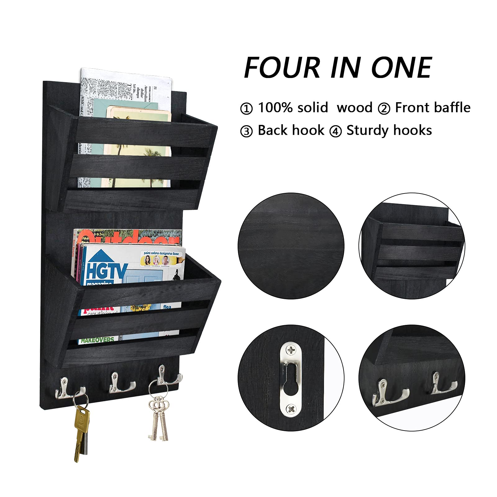 Rustic Wall Mounted Mail Organizer with 4 Key Hooks - Wooden Letter Holder for Mail, Magazines, Keys & Dog Leashes - Perfect for Entryway, Kitchen or Office Organization