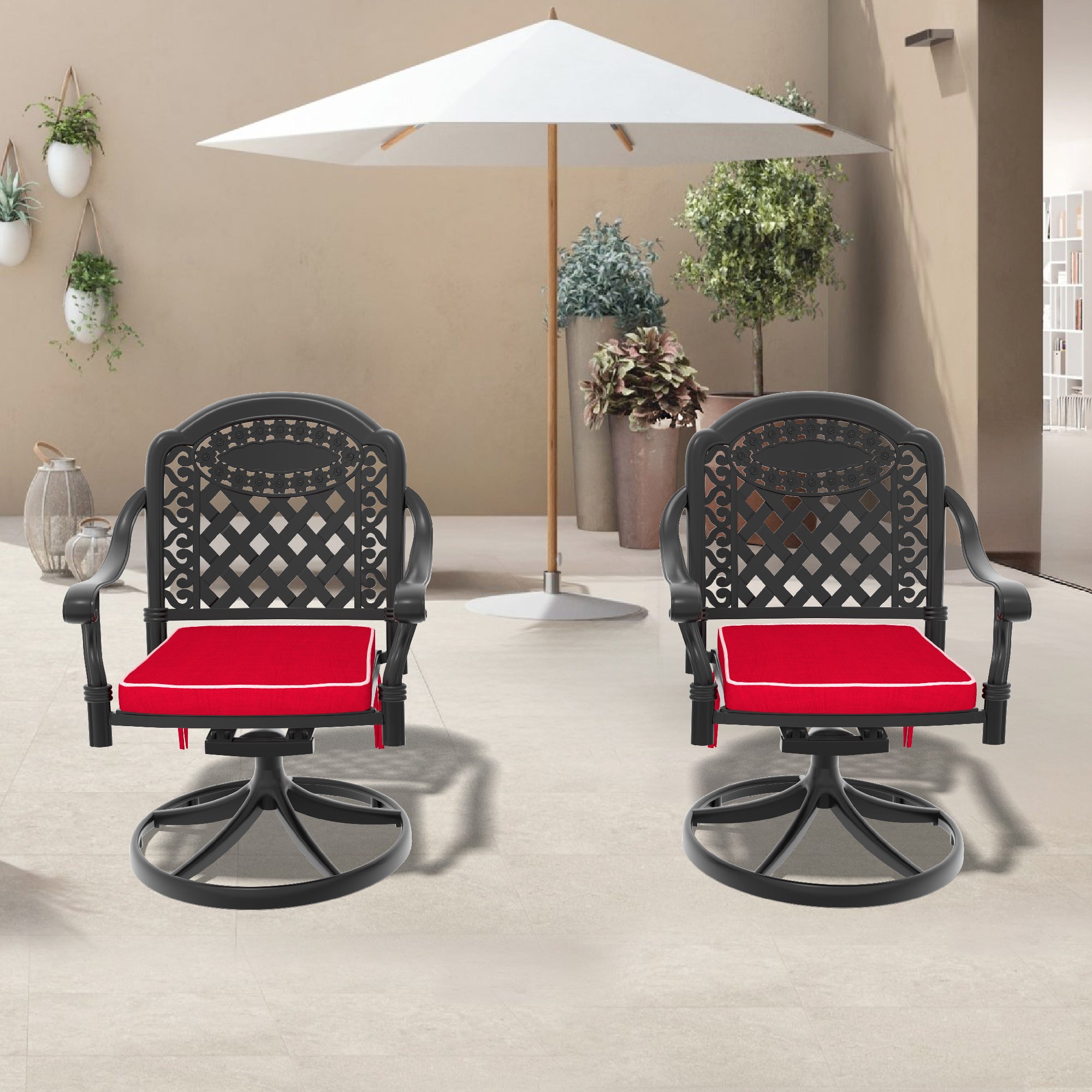 2-Piece Cast Aluminum Patio Swivel Chairs Set with Black Frame & Cushions - Outdoor Garden Furniture for Poolside, Deck, or Backyard Relaxation