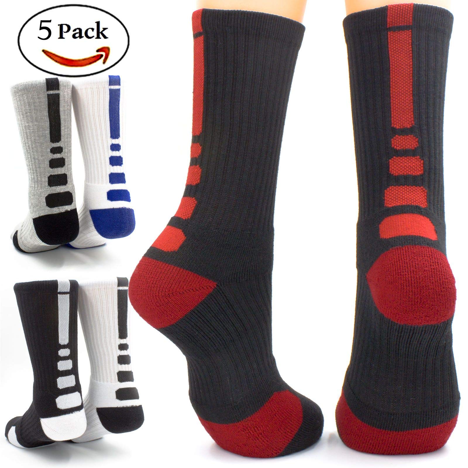 MITVR Basketball Socks - 5 Pack Cushioned Compression Crew Socks for Men, Women & Kids - Breathable Athletic Sports Socks for Basketball, Running, Gym & Workout