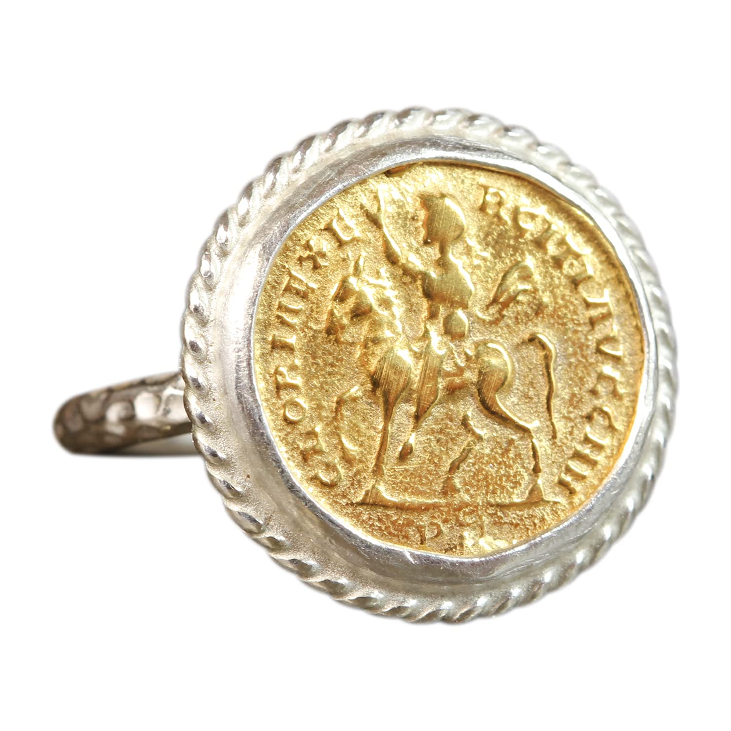 925 Sterling Silver Coin Ring for Women - 24K Gold Vermeil Handmade Designer Signet Pinky Ring | Two-Tone Hammered Turkish Jewelry | Perfect for Gifts, Weddings & Everyday Wear