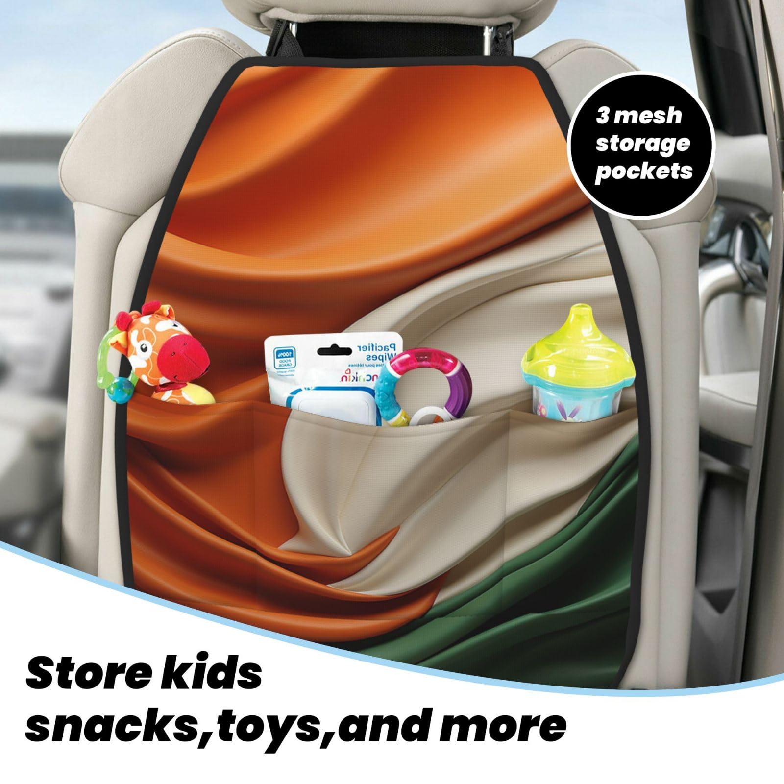 VTCTOASY Kick Mat Back Seat Protector for Car - 2 Pack Extra Large Waterproof Seat Cover with 3 Storage Pockets | Universal Fit for Trucks, SUVs, Sedans | Irish Flag Design | Perfect for Road Trips, Family Travel & Pet Protection
