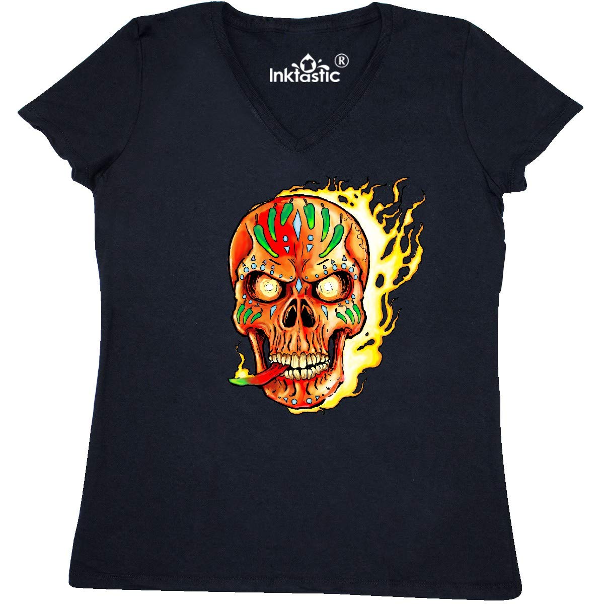 Inktastic Hot Sauce Hot Pepper Skull ON FIRE Women's V-Neck T-Shirt | Spicy Food Lover Graphic Tee | Perfect for Halloween, Concerts & Casual Wear