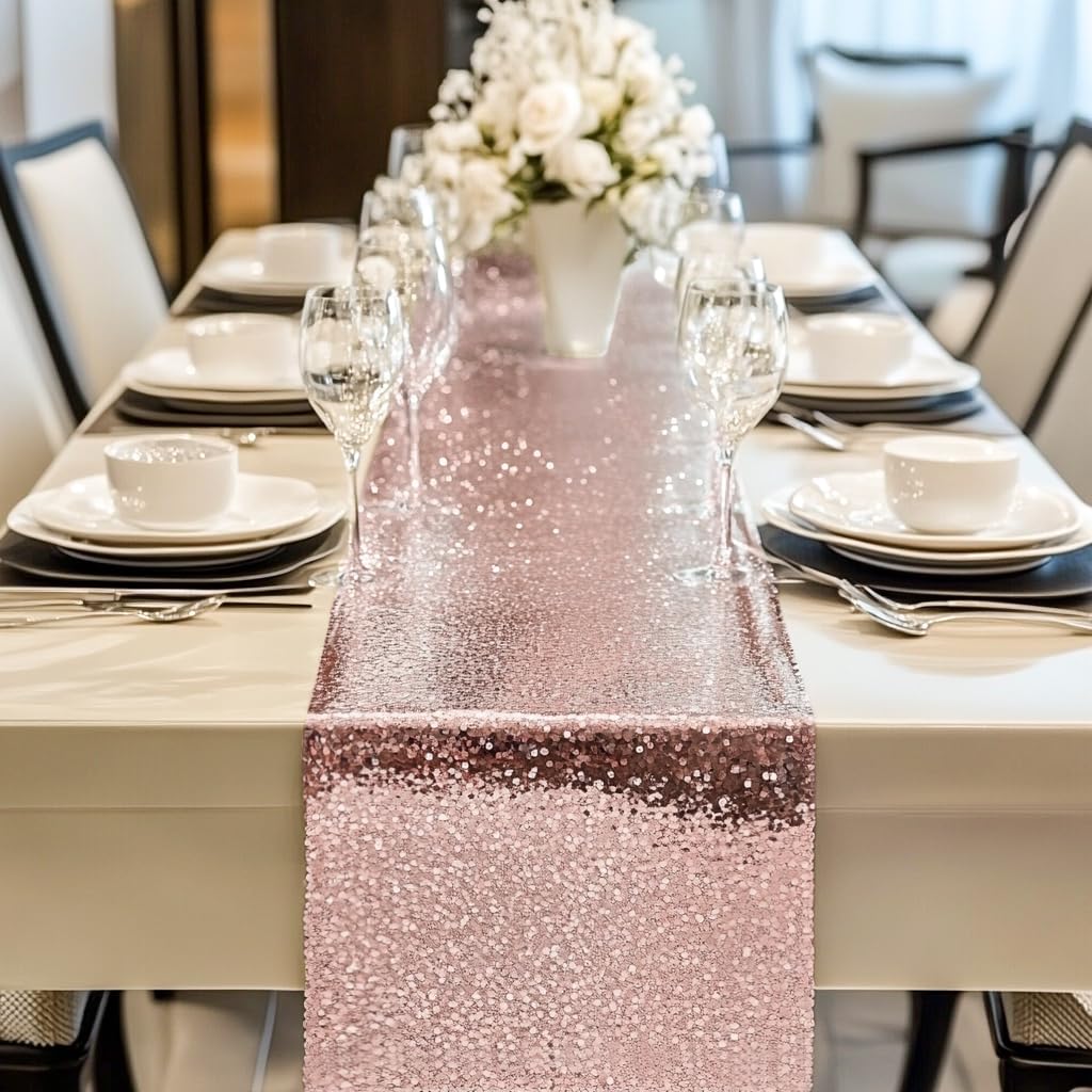 10 Pack Rose Gold Sequin Table Runners - Elegant Party Table Decorations for Weddings, Christmas & Special Events - Glittering Tablecloth for Banquet, Reception & Holiday Celebrations