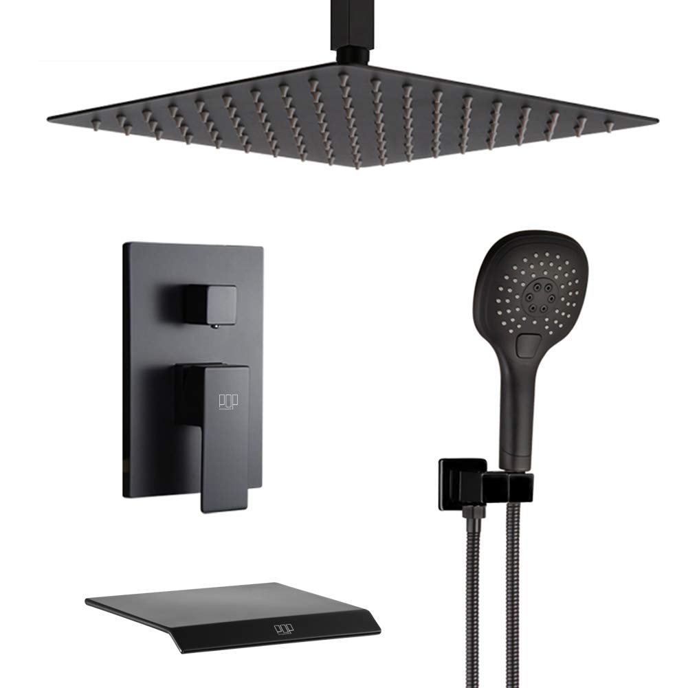 Premium Black Shower System - 12 Inch Ceiling Mount Rainfall Shower Head with Handheld Sprayer, 3-Function Tub & Shower Trim Kit, Waterfall Spout & Rough-in Valve | Modern Bathroom Upgrade for Spa-Like Experience