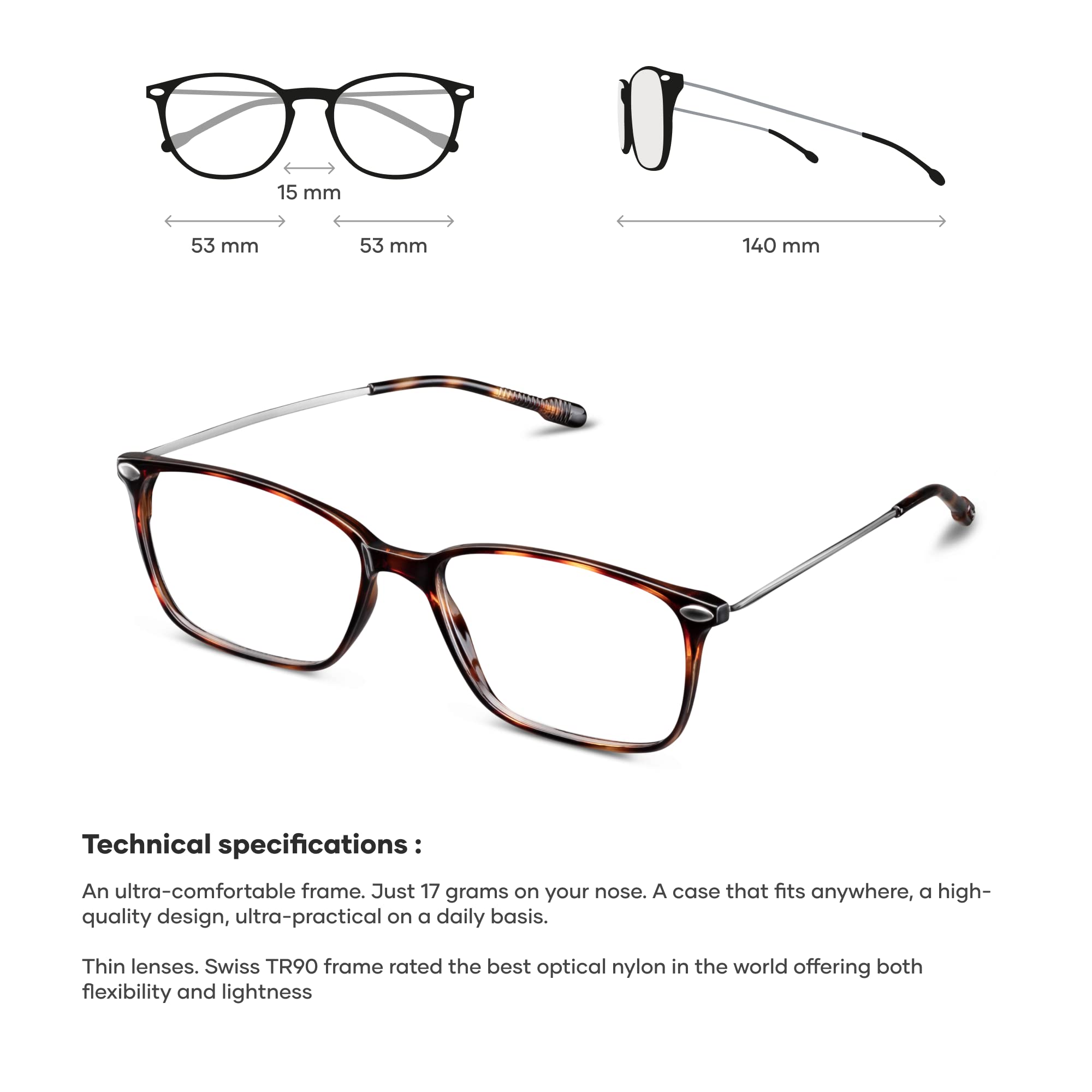 NOOZ Optics Unisex Reading Glasses - Slim & Lightweight Nylon Frame for Men & Women - Blue Light Blocking Computer Glasses with Compact Case - Perfect for Office, Reading & Screen Time