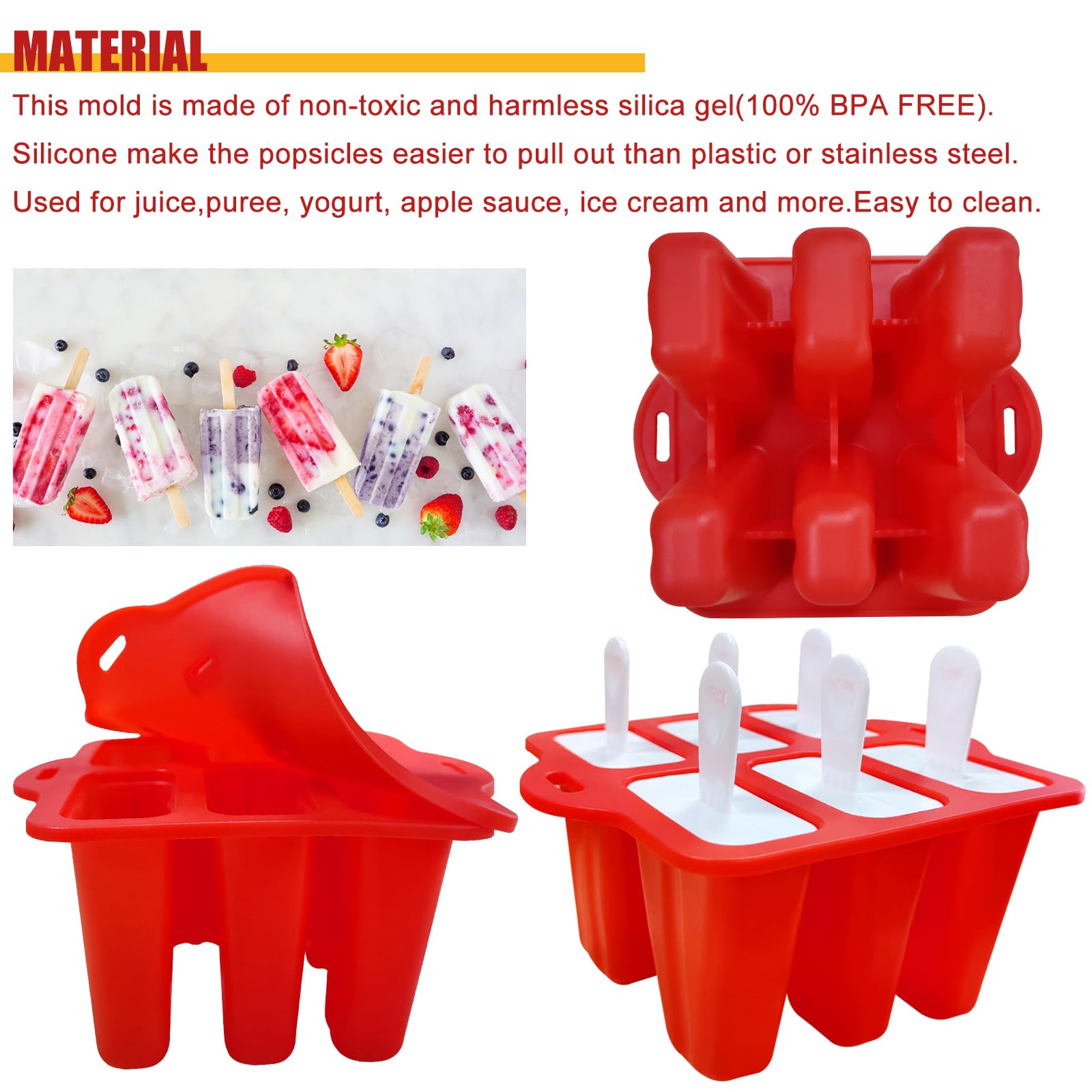 BPA-Free Silicone Popsicle Molds with 6 Reusable Sticks - 6-Cavity Ice Pop Maker for Homemade Frozen Treats, Perfect for Kids & Adults - Great for Summer Parties, Healthy Snacks & Family Fun
