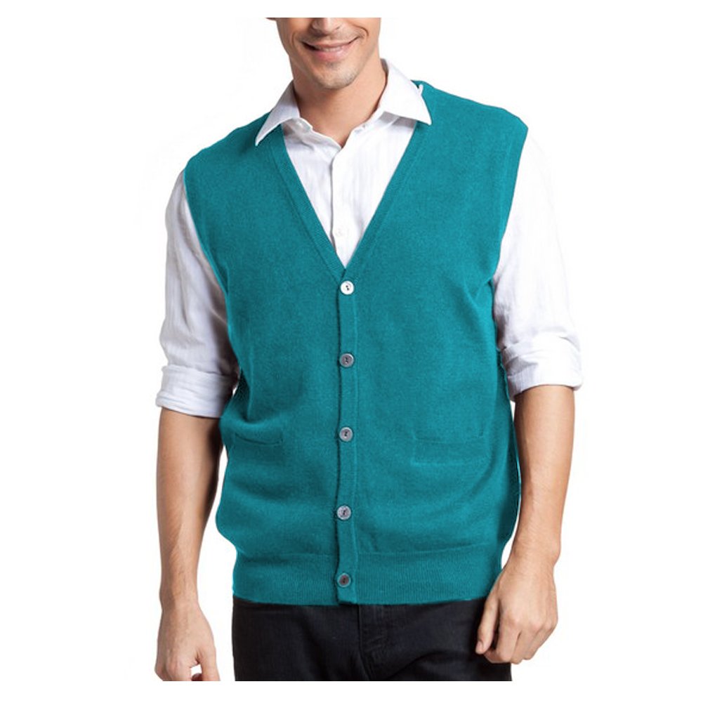 Parisbonbon Men's 100% Cashmere V-Neck Cardigan Vest - Sky Blue, Size 3X - Premium Soft & Warm Winter Layering Piece for Office & Casual Outfits
