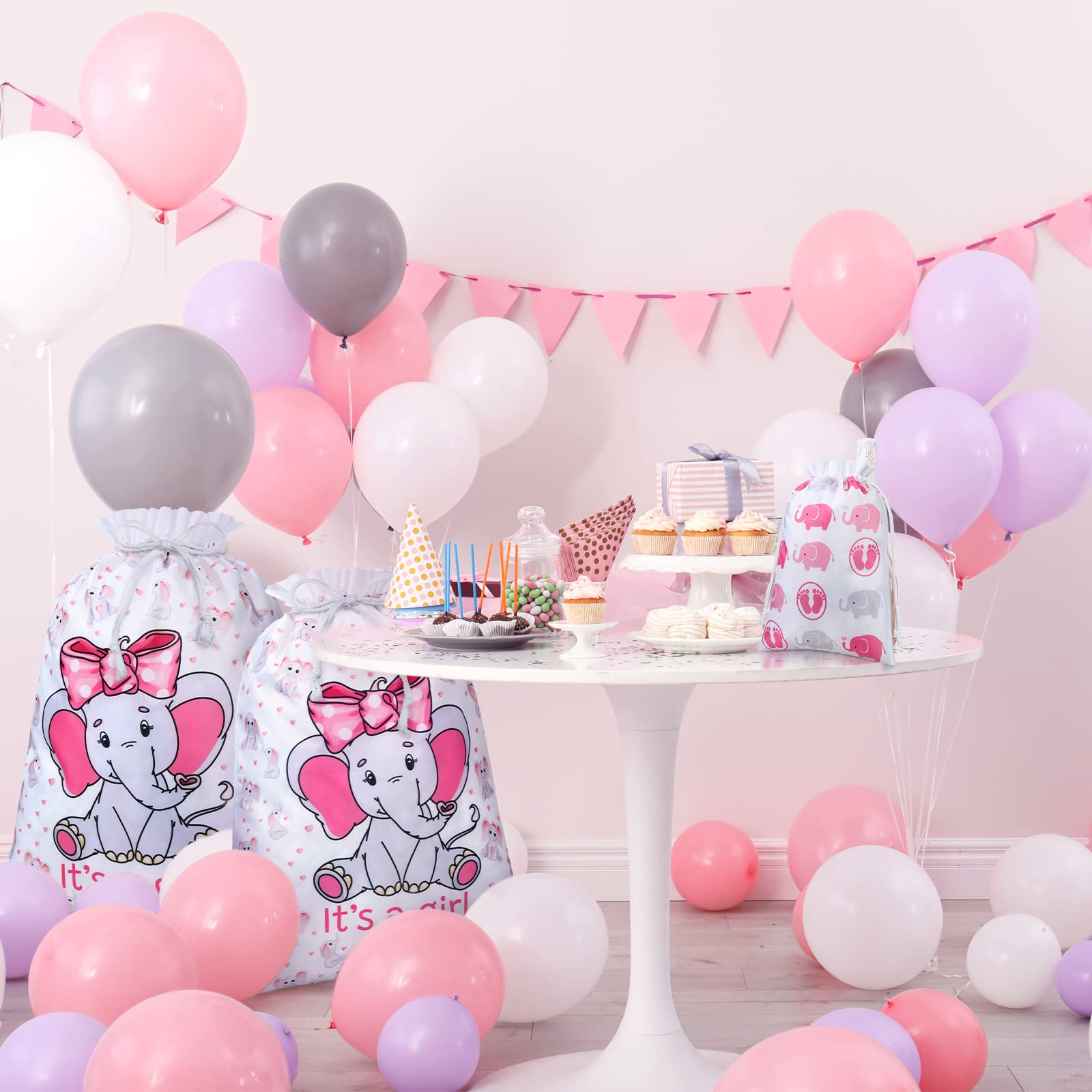 4 Pcs Pink Elephant Drawstring Fabric Gift Bags for Baby Showers, Gender Reveal & Birthday Parties - Perfect for Baby Girl Shower Favors, Treat Wraps & Party Decorations
