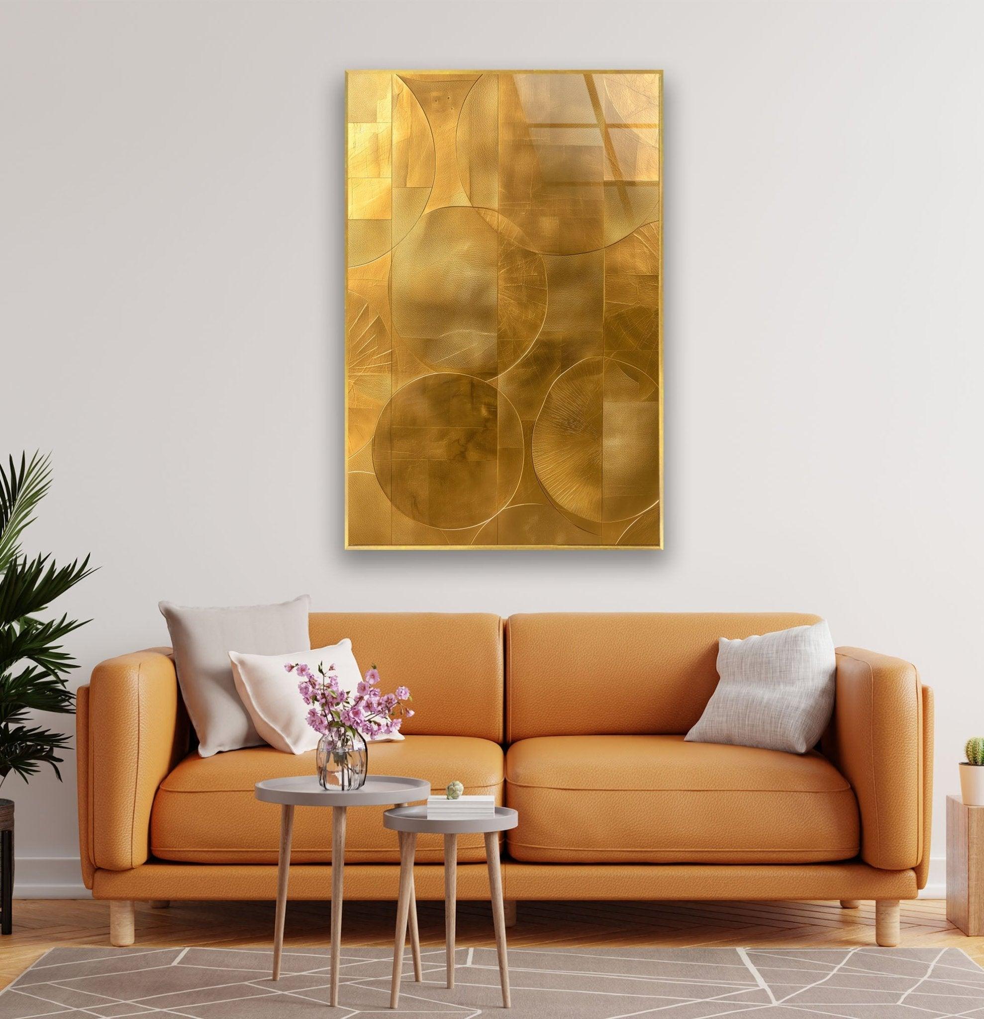 Abstract Gold Geometric Glass Wall Art - Modern Home Decor for Living Room, Bedroom & Office - Elegant Handmade Glass Panel for Stylish Interior Design