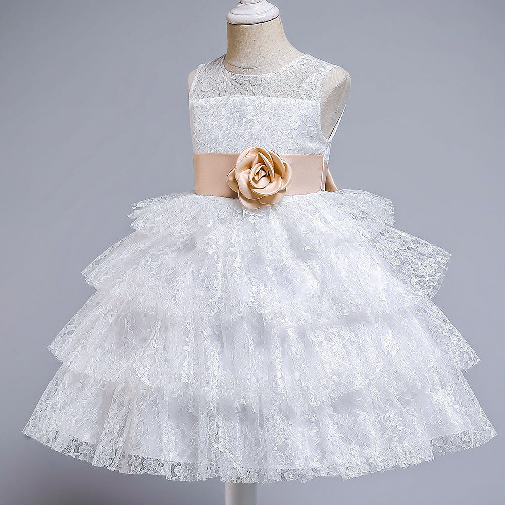 Elegant Princess Flower Girl Dress with Lace & Floral Embellishments - Perfect for Weddings, Pageants & Special Occasions