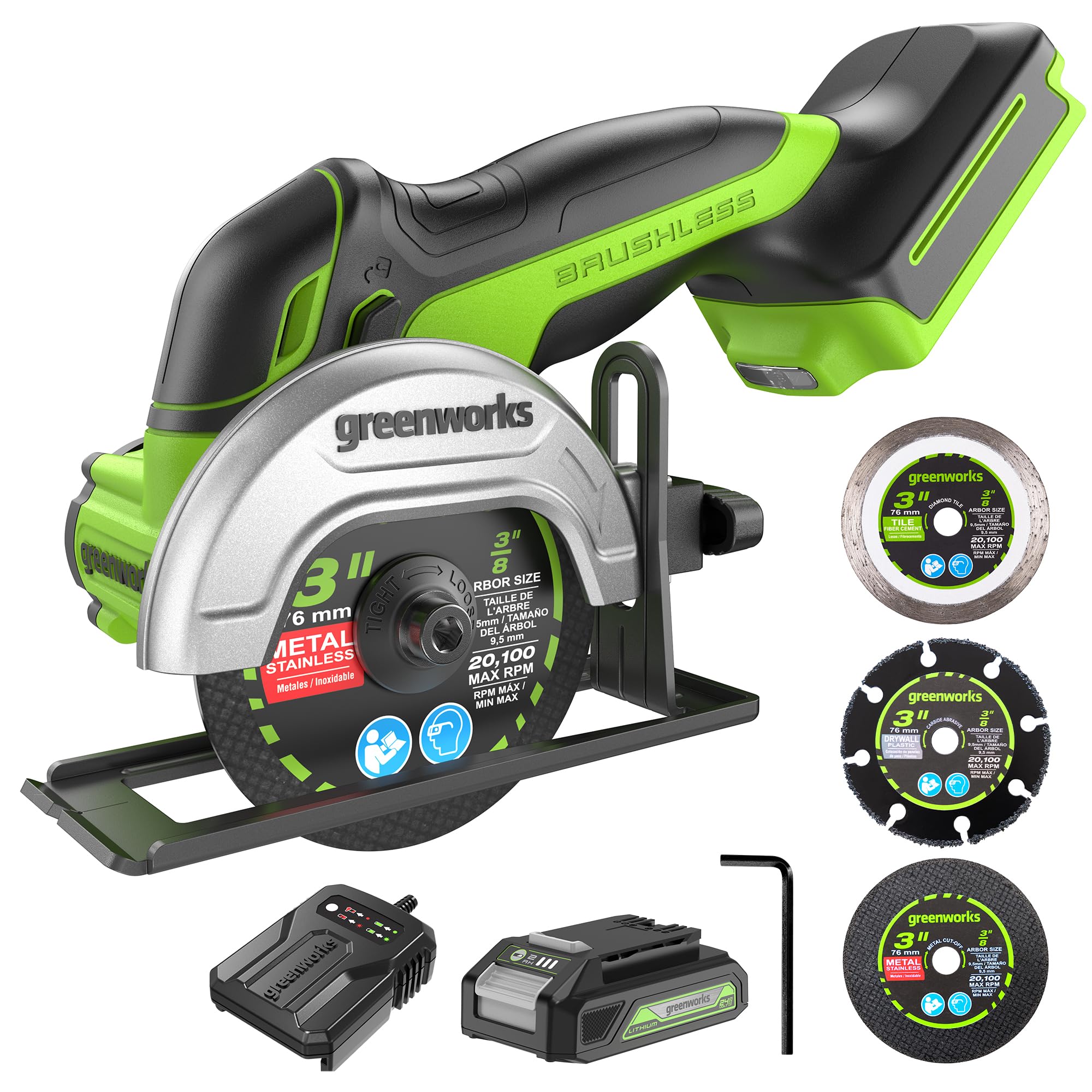 Greenworks 24V Brushless Cordless Compact Cut-Off Tool Kit with 2.0Ah Battery & Fast Charger - Includes 3-Pack of 3-Inch Cut-Off Wheels - Perfect for Metal Cutting, DIY Projects, and Home Renovations