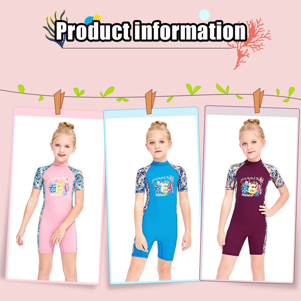 UV Protection Kids Short Sleeve Wetsuit for Girls - Blue Round Neck Diving Swimsuit, Size M - Perfect for Swimming, Snorkeling & Beach Activities