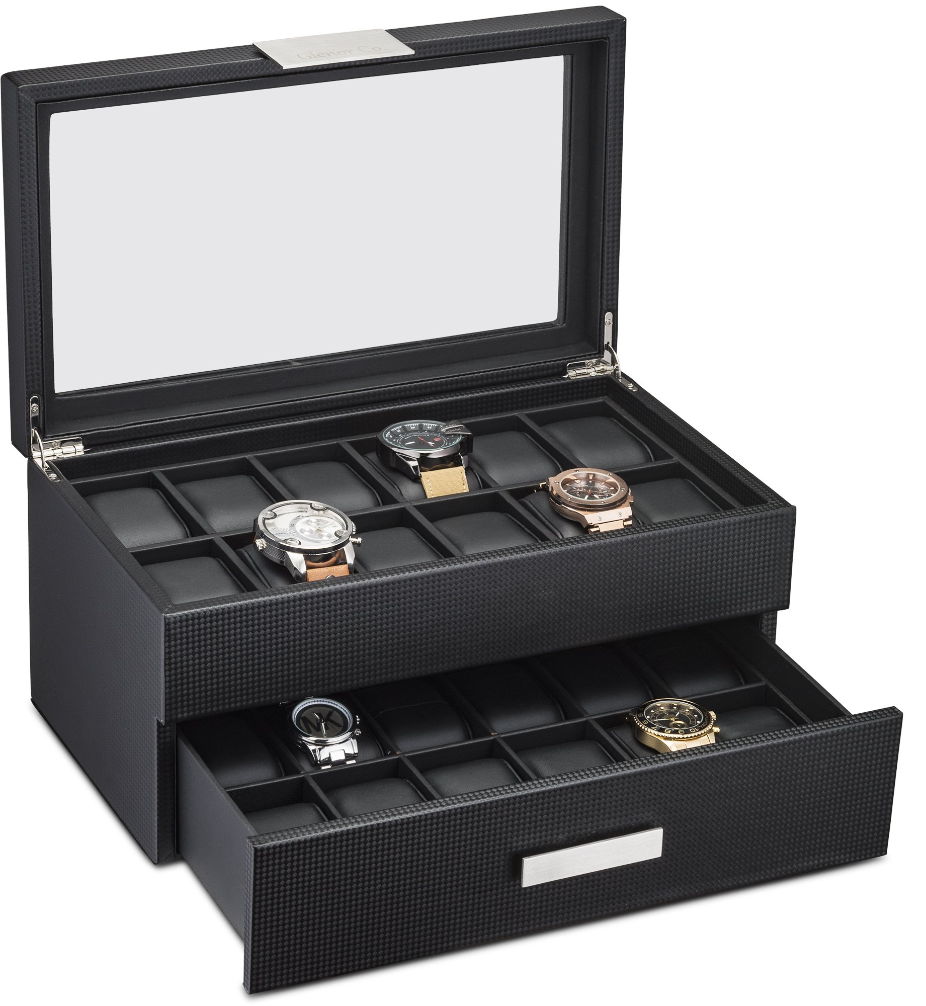 Premium 24-Slot Luxury Watch Box for Men - Carbon Fiber Design with Metal Buckle, Large Glass Top & Leather Pillows - Perfect for Watch Collectors, Jewelry Storage & Gift Giving - Ideal for Home, Office & Travel Organization