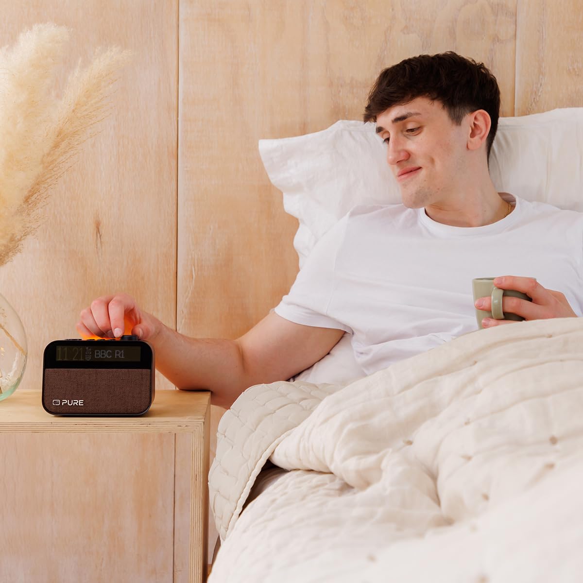 Pure Moment Alarm Clock Radio with Wake-Up Light, Bluetooth Speaker & White Noise Machine - Crystal Clear Sound, Coffee Brown Finish - Perfect for Bedroom, Office, and Meditation Spaces