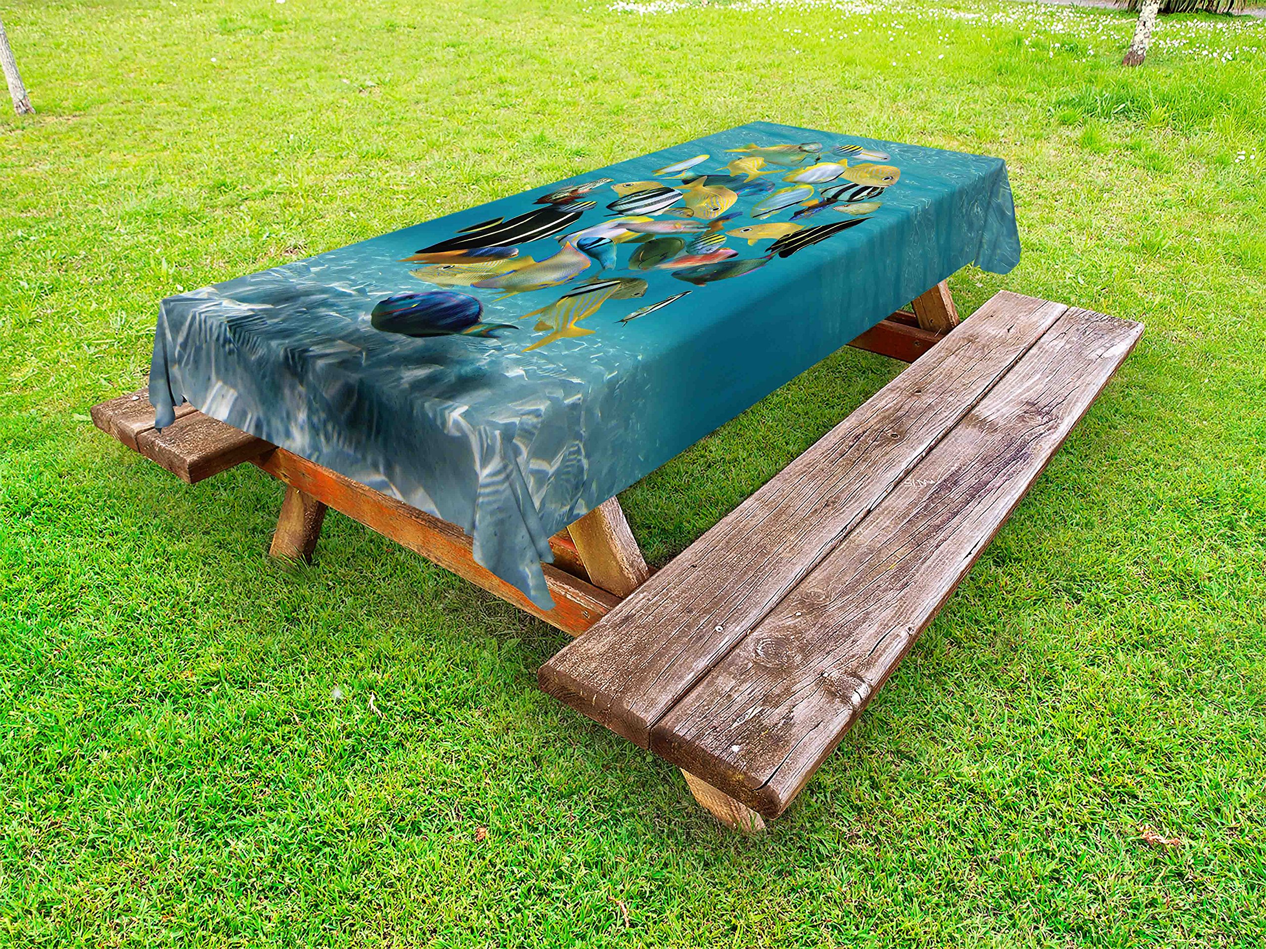 Ambesonne Fish Print Outdoor Tablecloth - Colorful Shoal of Fish in Circle Design on Sandy Seabed, Waterproof & Washable Picnic Table Cover 58x120 Inches - Perfect for Beach Parties, BBQs, and Outdoor Dining