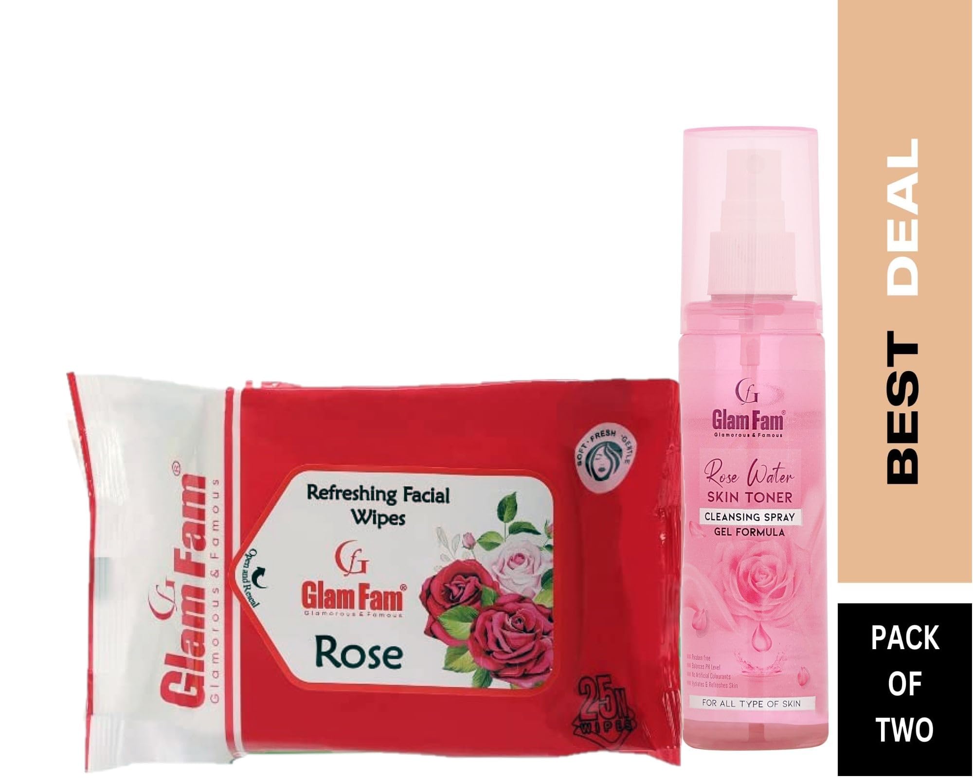 GLAM FAM Pure & Natural Rose Water Face Toner with Aloe Vera Extract | Hydrating Skin Toner & Refreshing Cleansing Wipes Combo Pack | Perfect for Daily Skincare Routine & On-the-Go Refreshment