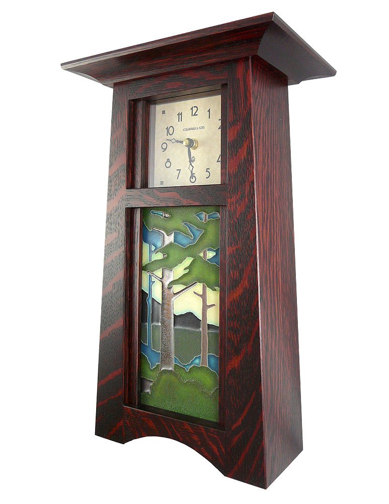 Handcrafted American Oak Tall Craftsman Style Mantel Clock with Pine Forest Tile, 15 Inch, Perfect for Rustic Home Decor and Cozy Living Rooms