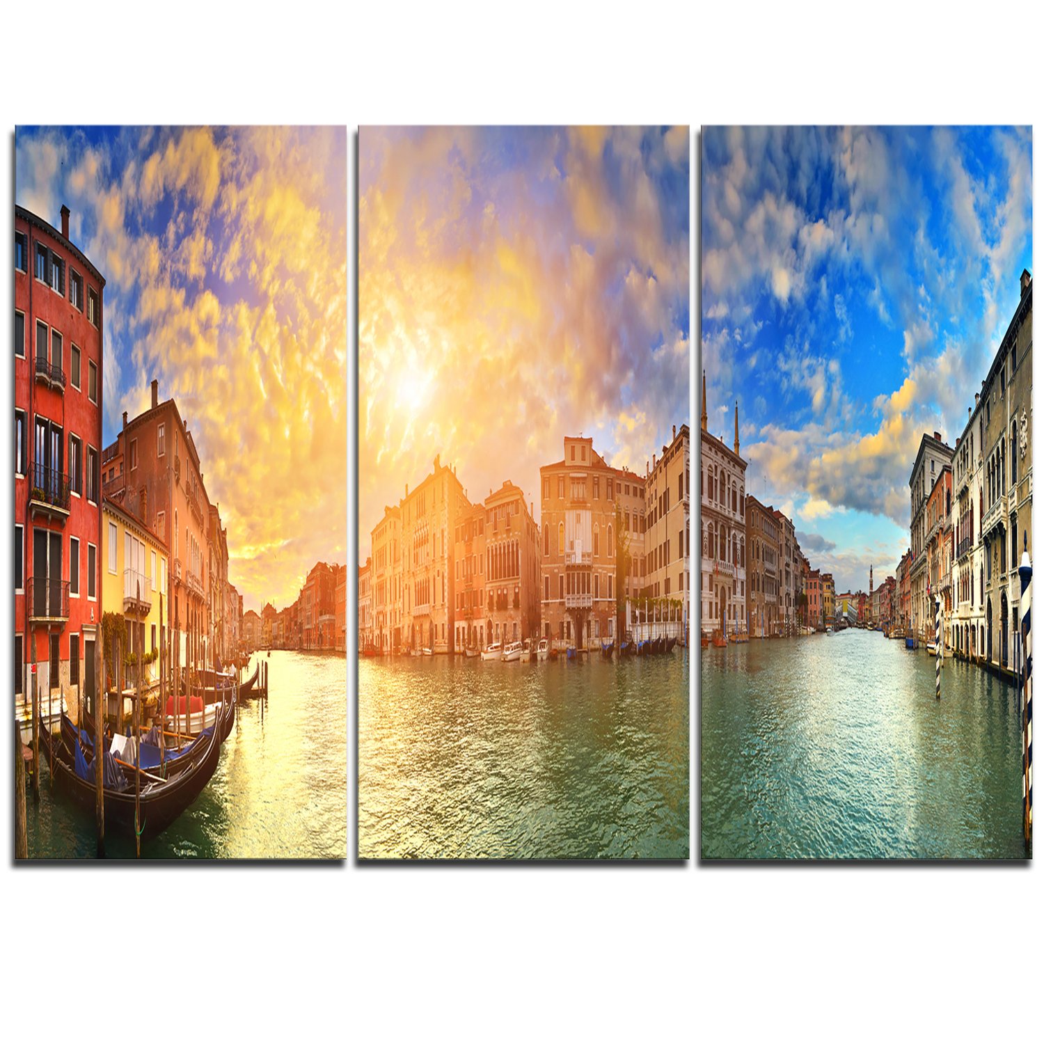 Designart MT11700-3P Grand Canal Venice Panoramic Cityscape Metal Wall Art Set - 3 Piece Canvas Print for Living Room & Office Decor - 28