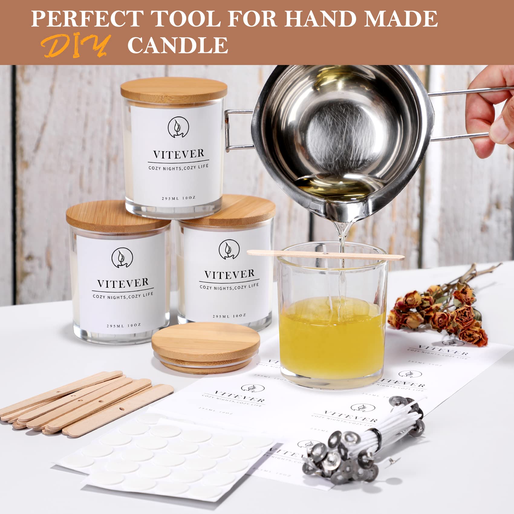 VITEVER 16 Pack 10oz Thick Glass Candle Jars with Bamboo Lids & Wick Kit - Bulk Empty Clear Containers for DIY Candle Making, Spices, Bath Salts - Perfect for Home Decor, Wedding Favors, Gifts & Aromatherapy